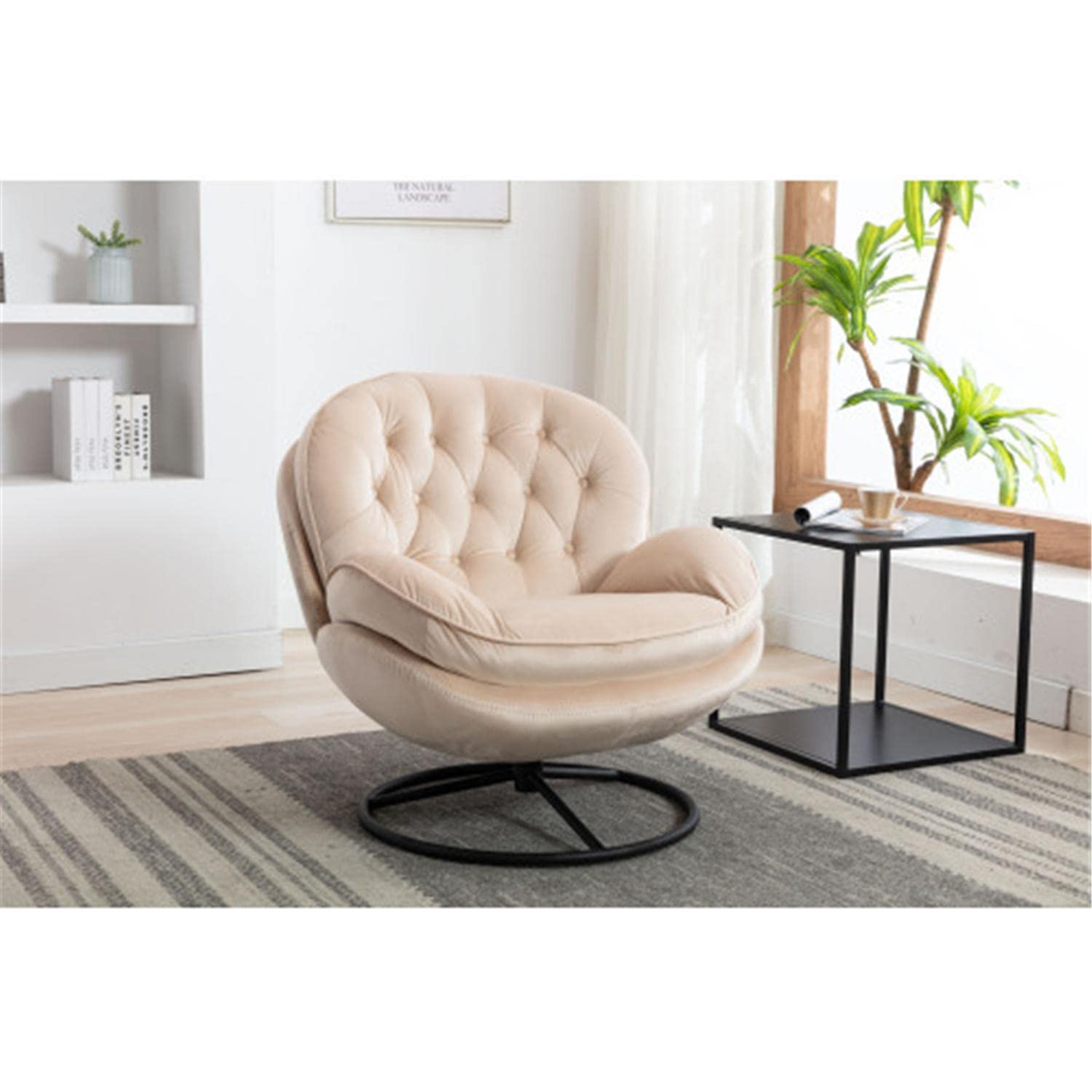 Velvet Swivel Accent Chair with Ottoman - Upholstered Lounge Chair with Footrest for Living Room, Bedroom or Office - Soft Beige Fabric Modern Comfort Chair