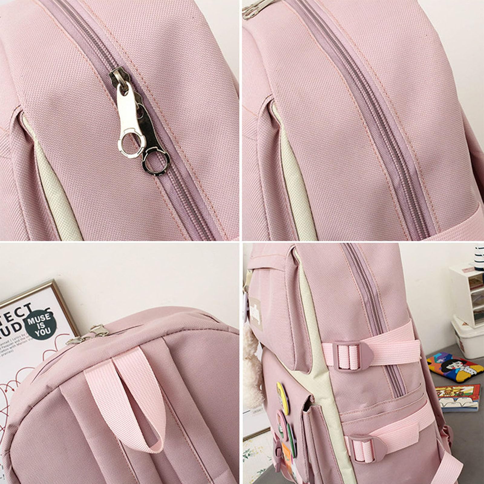4Pcs Kawaii Backpack Set for School - Cute Aesthetic Backpacks with Accessories for Girls & Teens (Pink) - Perfect for School, Travel & Daily Use