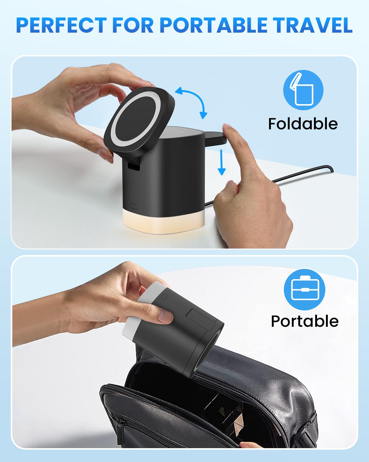 JoyGeek 3-in-1 Magnetic Wireless Charging Station for iPhone 16/15/14/13/12 Pro/Max/Plus, AirPods & Apple Watch 2-10/Ultra - Foldable Phone Stand - Perfect for Home, Office & Travel Charging
