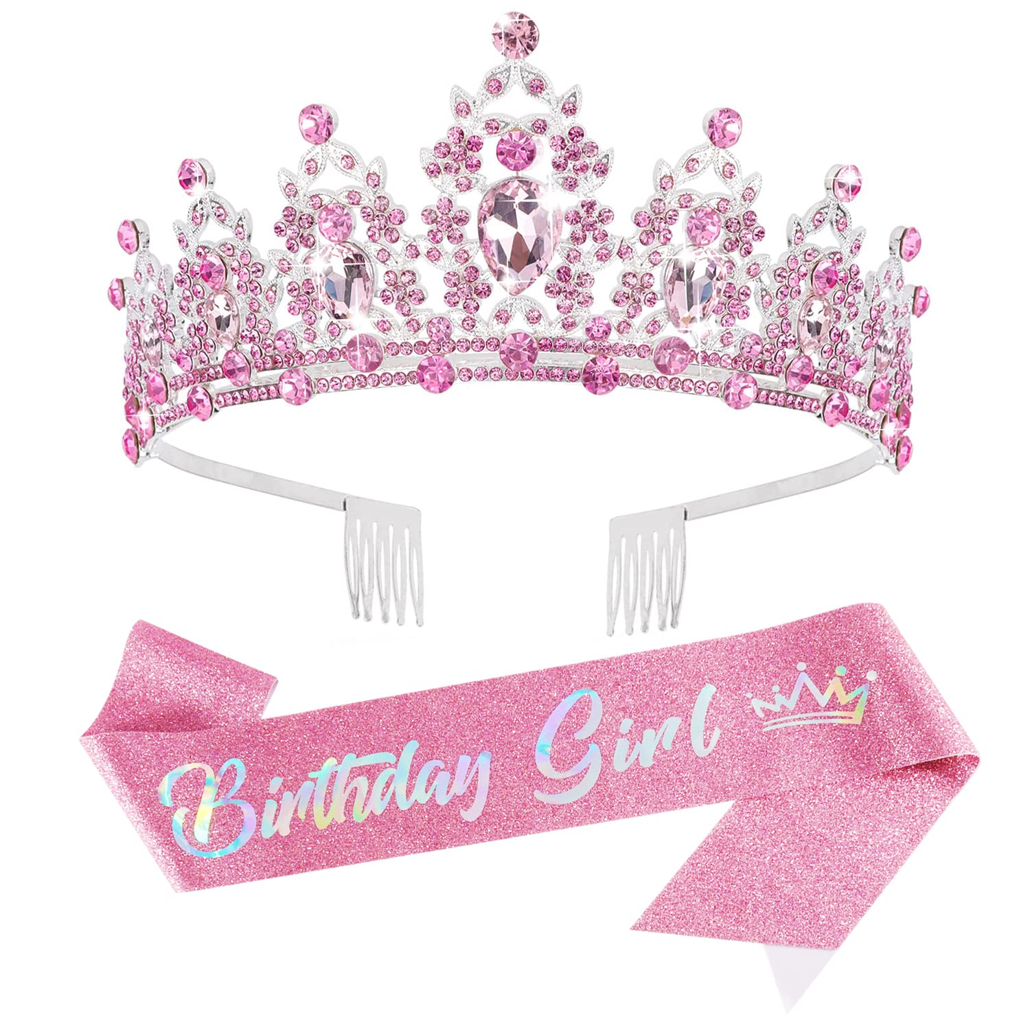 SuPoo Pink Birthday Crown & Sash Set - Rhinestone Tiara with Comb & Glitter Headband for Girls - Princess Party Accessories for Birthday Decorations & Celebrations