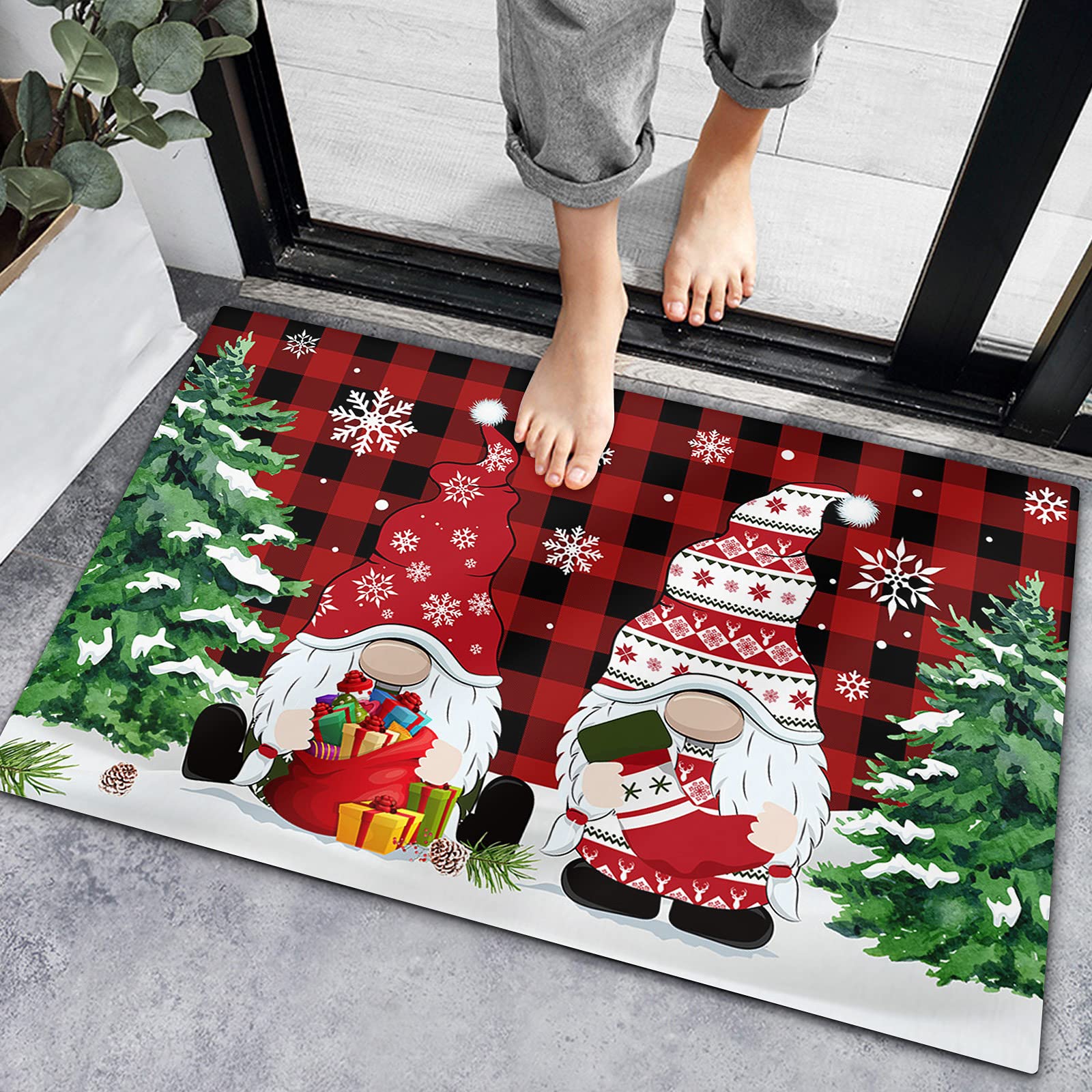 Christmas Buffalo Plaid Doormat - Non-Slip Water Absorbent Indoor Entrance Rug with Snowflake & Tree Design (20