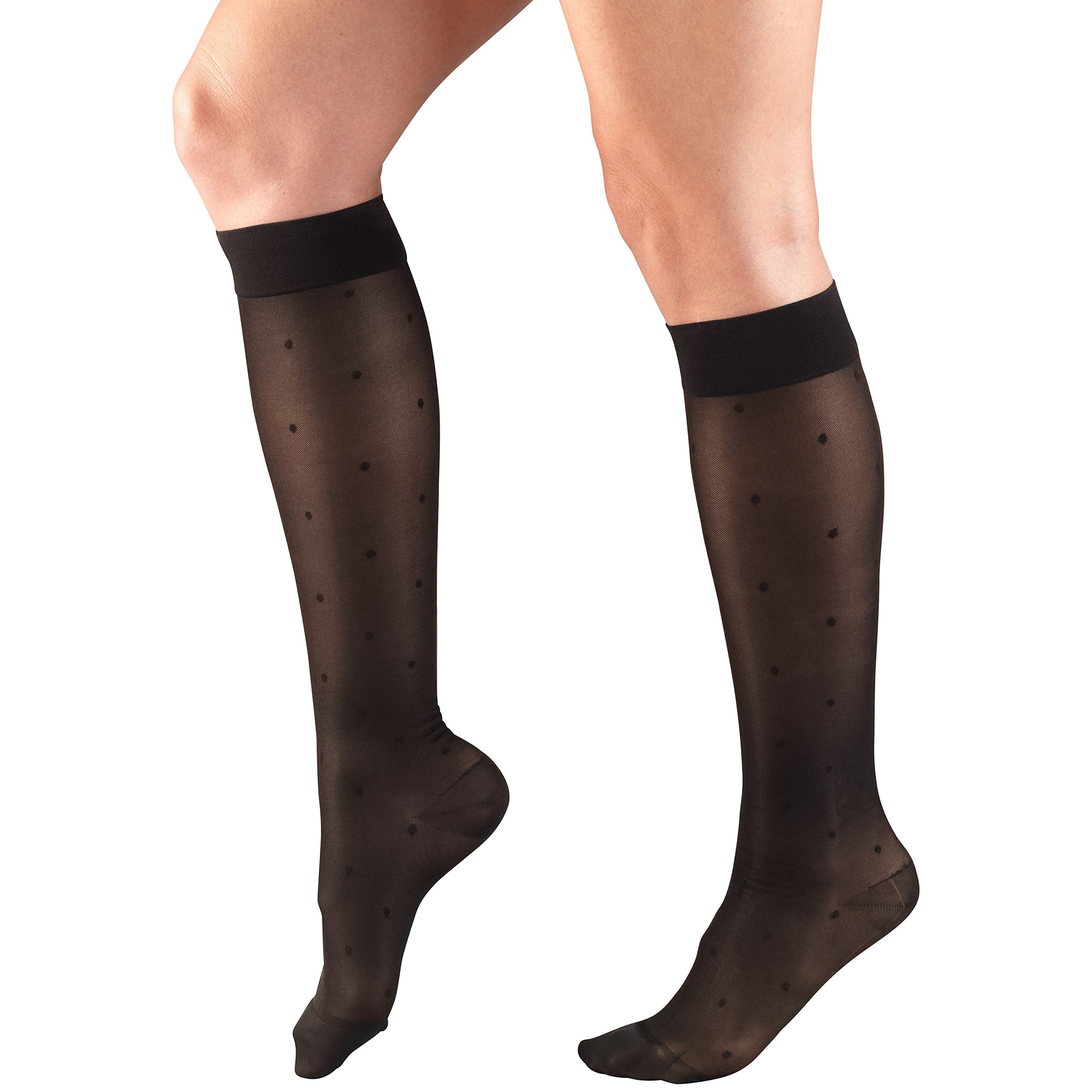 Truform Sheer Compression Stockings 15-20 mmHg - Women's Knee High Support Socks with Dot Pattern - Black Large Size for Varicose Veins & Circulation - Perfect for Nurses, Travel & Daily Comfort