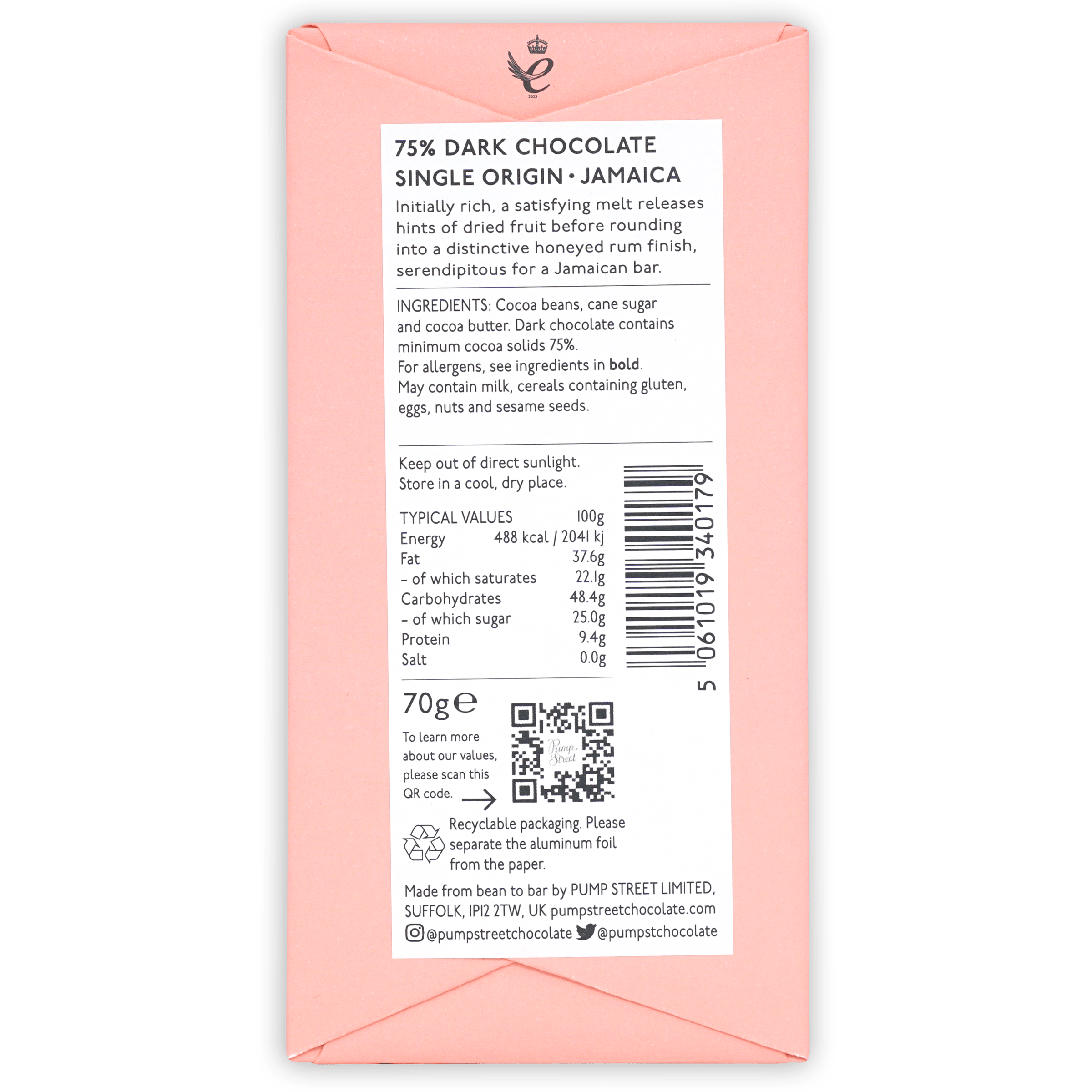 Pump Street Jamaica Bachelor's Hall Estate 75% Dark Chocolate Bar - Premium Single Origin Cocoa for Baking, Gifting & Gourmet Desserts