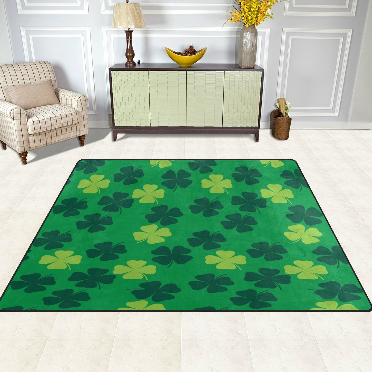ALAZA Green Clover Leaves Saint Patrick's Day Rug - 7' x 5' Shamrock Area Carpet for Living Room, Bedroom, Dorm | Irish-Themed Home Decor & Party Floor Mat