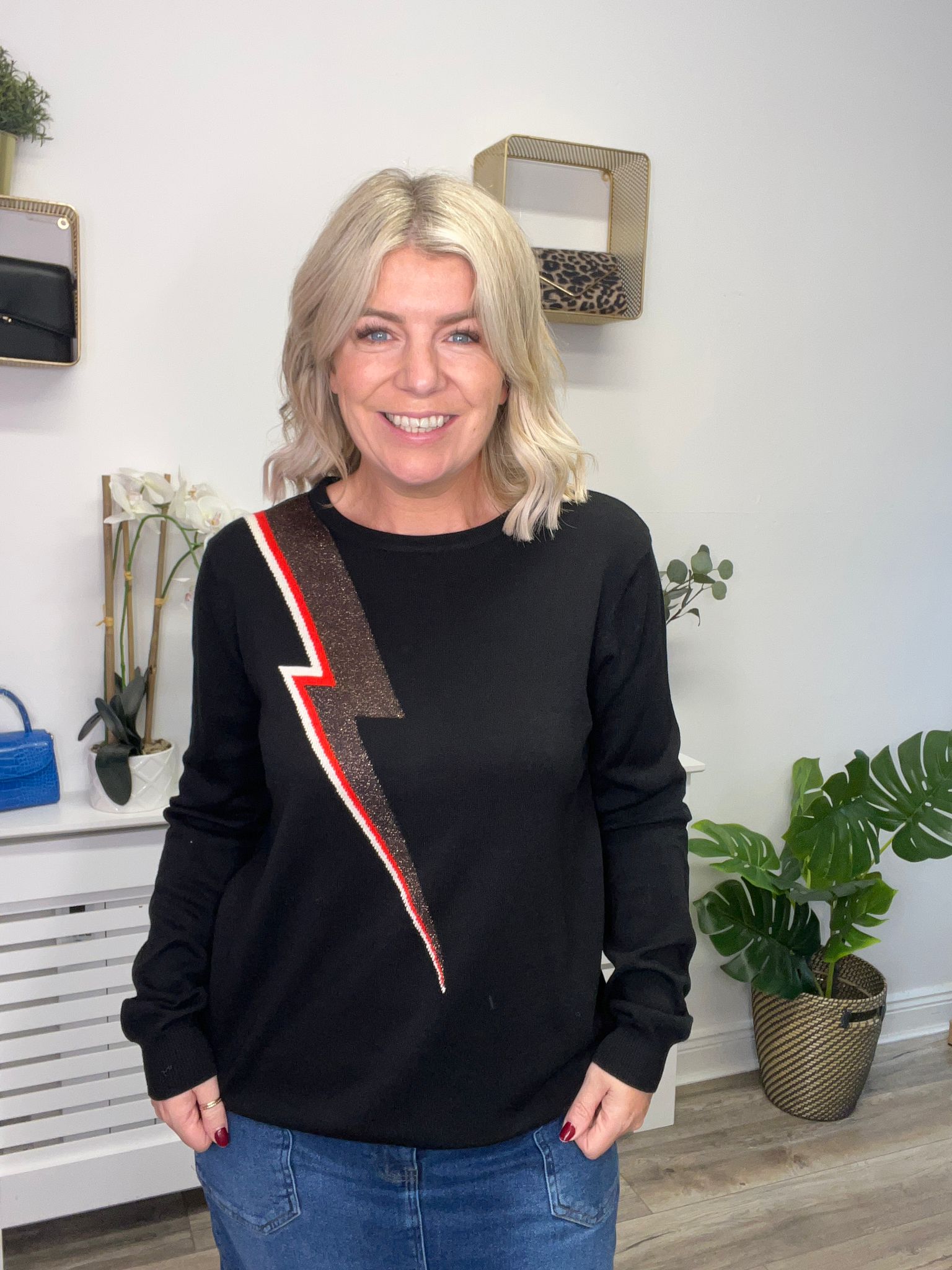 Astrid Jumper Sweater - Black with Bronze Lightning Bolt Design | Women's Fashion Knitwear for Casual Wear & Holiday Outfits