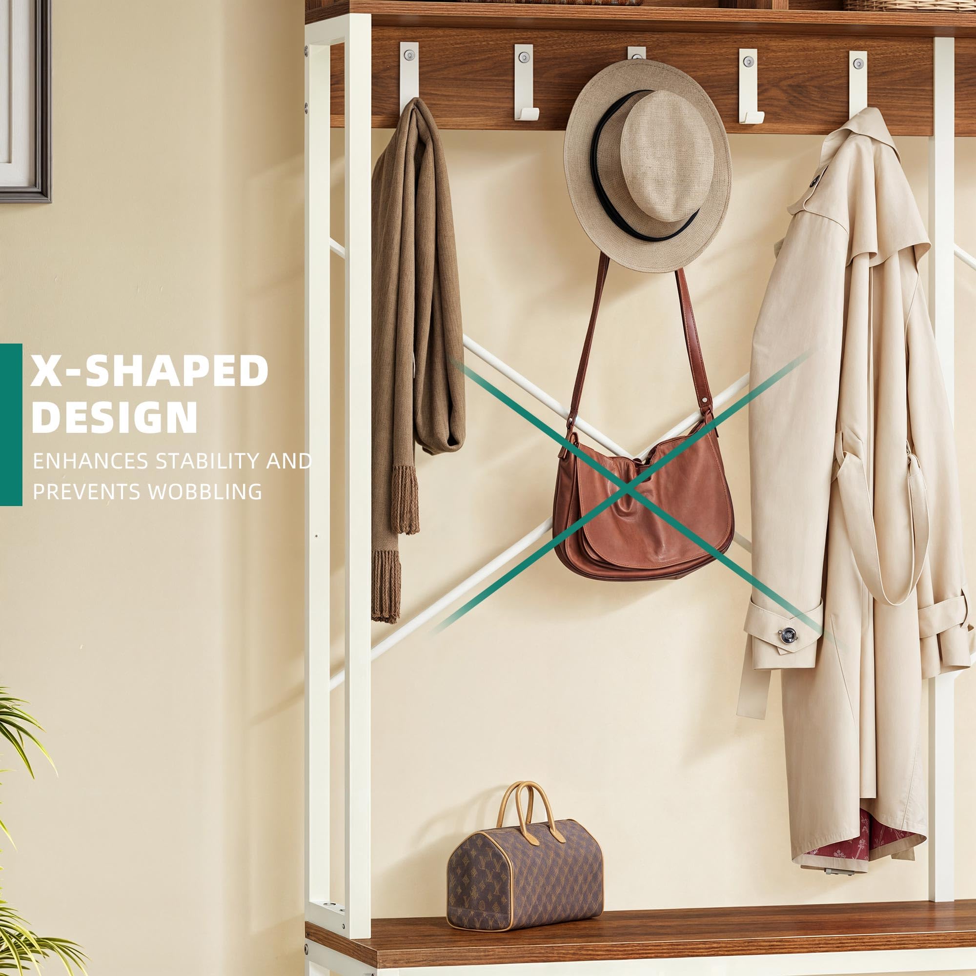 YITAHOME 5-in-1 Industrial Entryway Bench with Coat Rack & Shoe Storage - Freestanding Hall Tree with 10 Hooks & Shelves for Hallway, Bedroom, Living Room - Walnut/White Finish - Perfect for Small Spaces & Home Organization