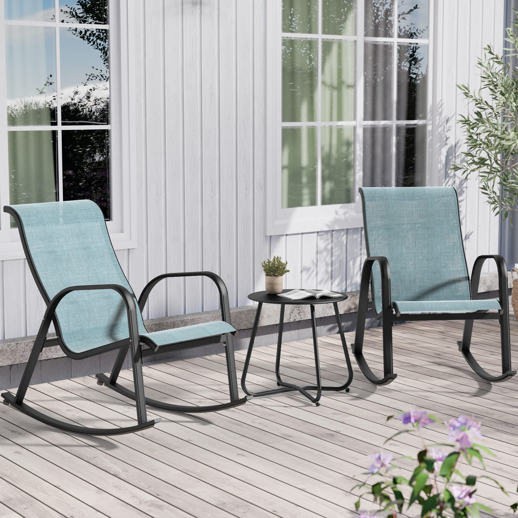 Outdoor 3-Piece Patio Bistro Rocking Chair Set - Comfortable Rocker Seating for Front Porch, Garden, Backyard & Deck - Weather-Resistant Blue Furniture for Relaxing & Entertaining