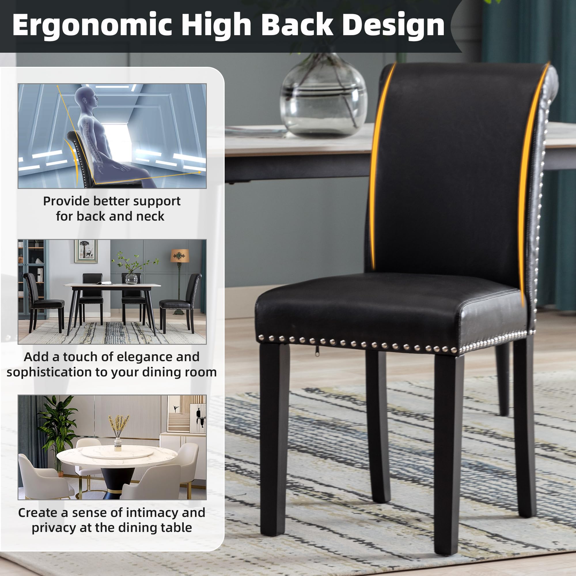 Westice 4-Piece Upholstered PU Leather Dining Chair Set with Nailhead Trim & Rubber Wood Legs - Modern Kitchen Side Chairs for Small Spaces & Apartments - Perfect for Dining Rooms, Breakfast Nooks & Compact Living Areas (Black)