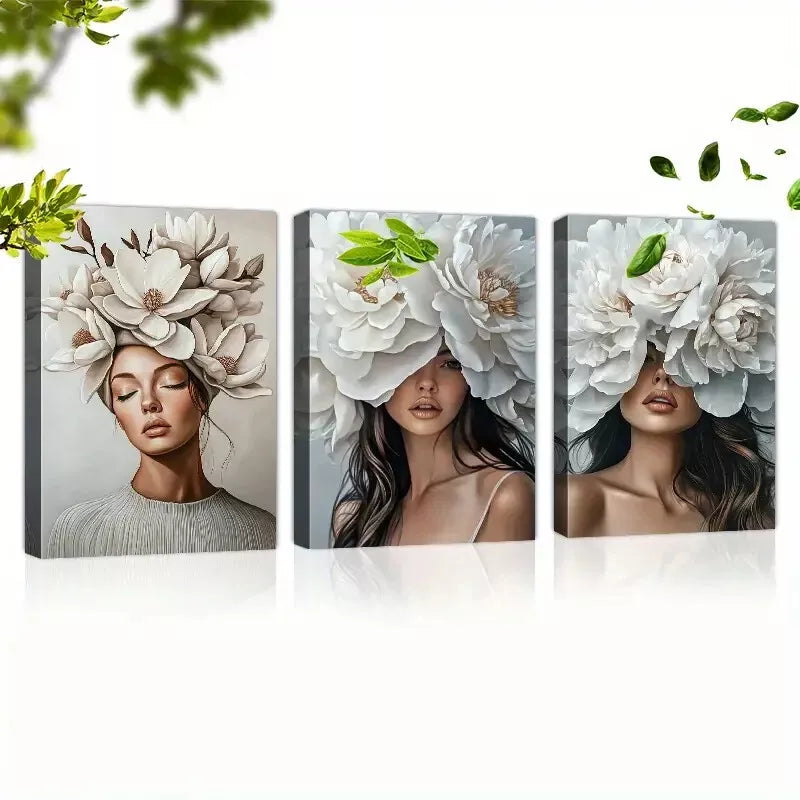 3-Piece Floral Headdress Wall Art Set for Women - 50x70cm Framed Canvas Prints - High Quality Australian Made - Ready to Hang - Perfect for Living Room, Bedroom & Office Decor