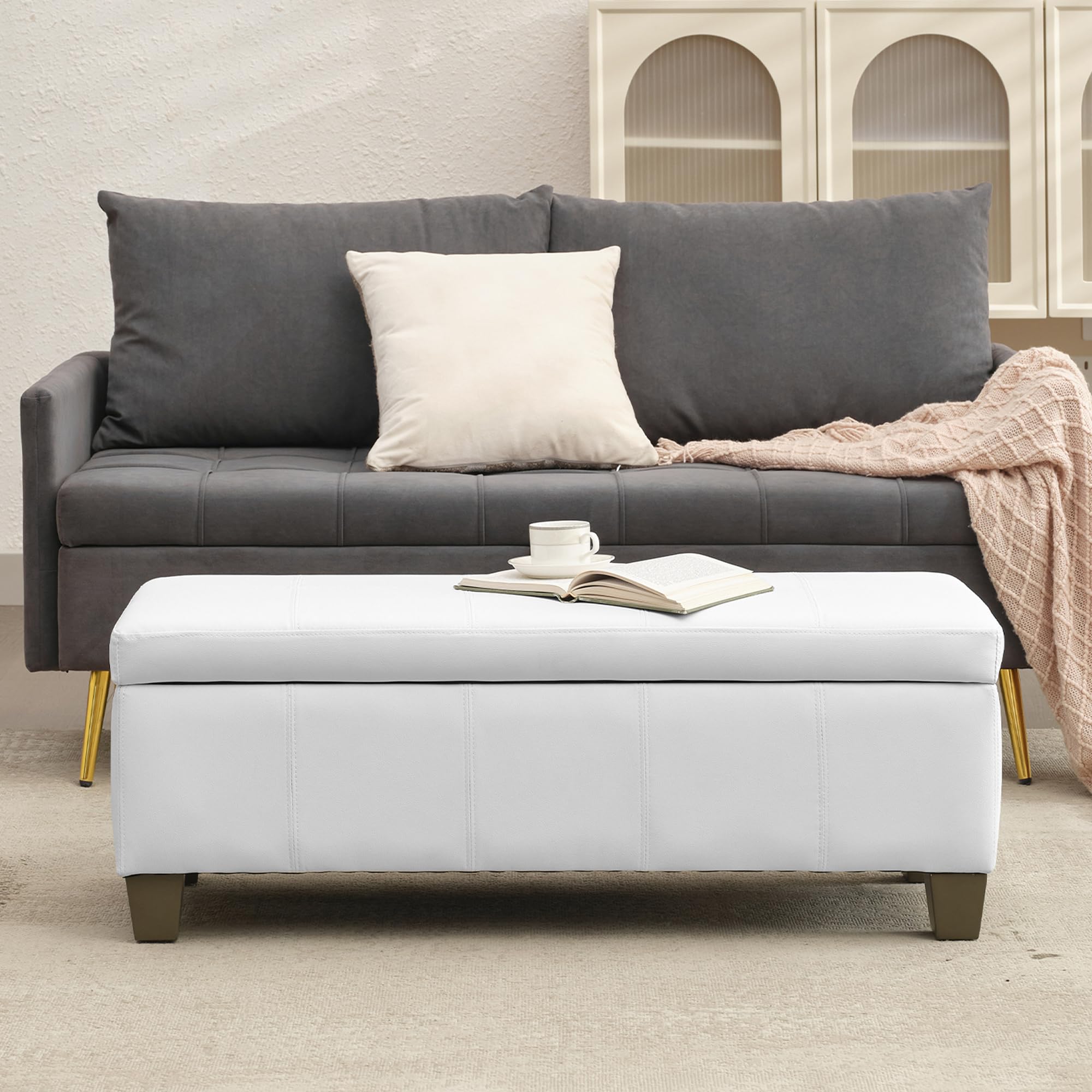 White Faux Leather Storage Ottoman Bench - Extra Long Rectangular Footrest with Hidden Storage | Perfect for Bedroom, Living Room & Entryway Seating and Organization