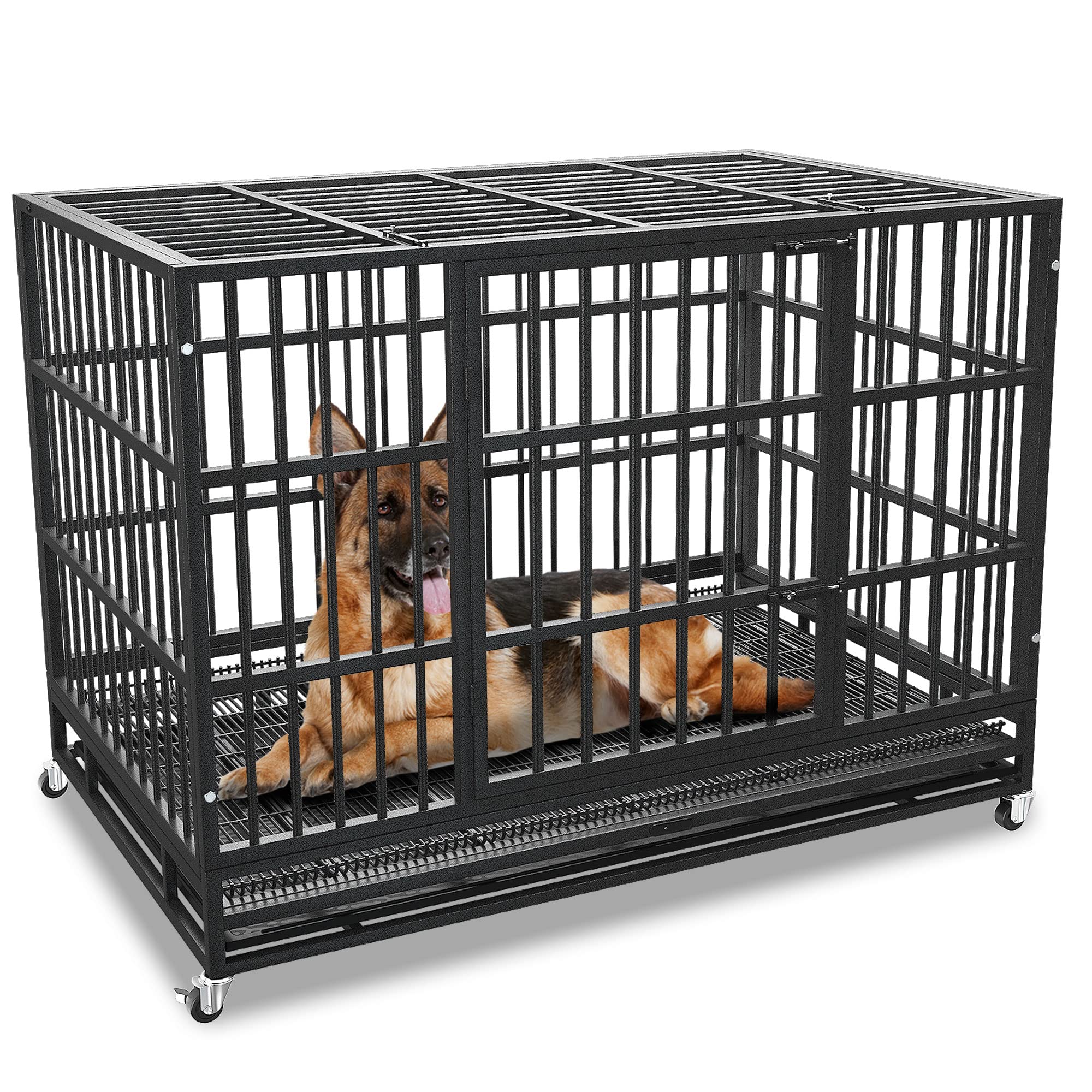 48/42/38 Inch Heavy Duty Dog Crate Cage with Wheels - Indestructible & Escape Proof Steel Kennel for Large Dogs - XL XXL Extra Large Pet Crate with Double Door, Sturdy Locks & Removable Tray - Perfect for Indoor Use, Travel & High Anxiety Dogs (Ideal for Home, Vet Visits & Car Trips)
