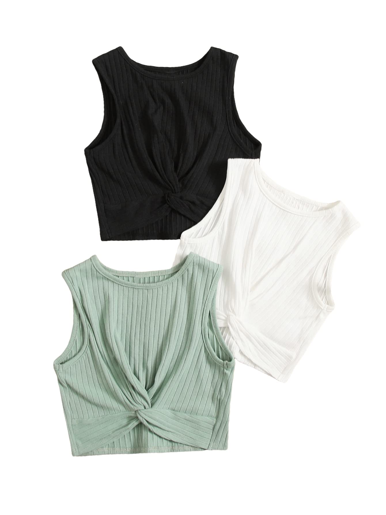 SHENHE Girls 3 Piece Sleeveless Cropped Tank Top Set - Twist Front Ribbed Crop Tops for Summer, Casual Wear, Beach Outfits & Layering