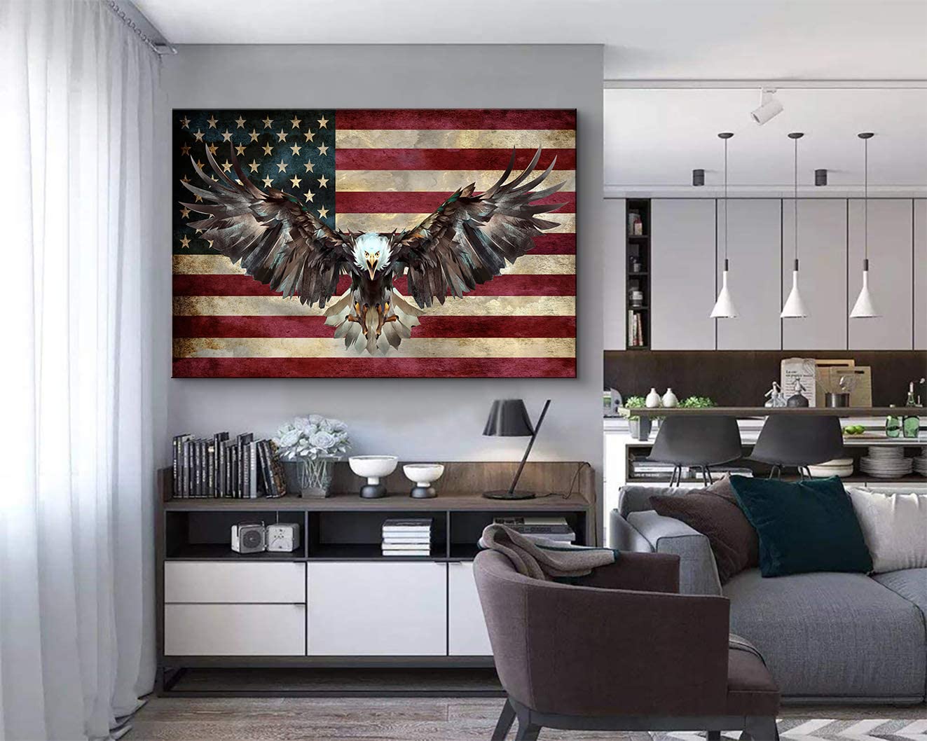 American Flag Canvas Wall Art - Patriotic Military Decor for Home, Bedroom & Living Room - 28''H x 40''W Wooden Framed USA Flag Wall Hanging - Perfect for Veterans Day, 4th of July & Army Themed Rooms