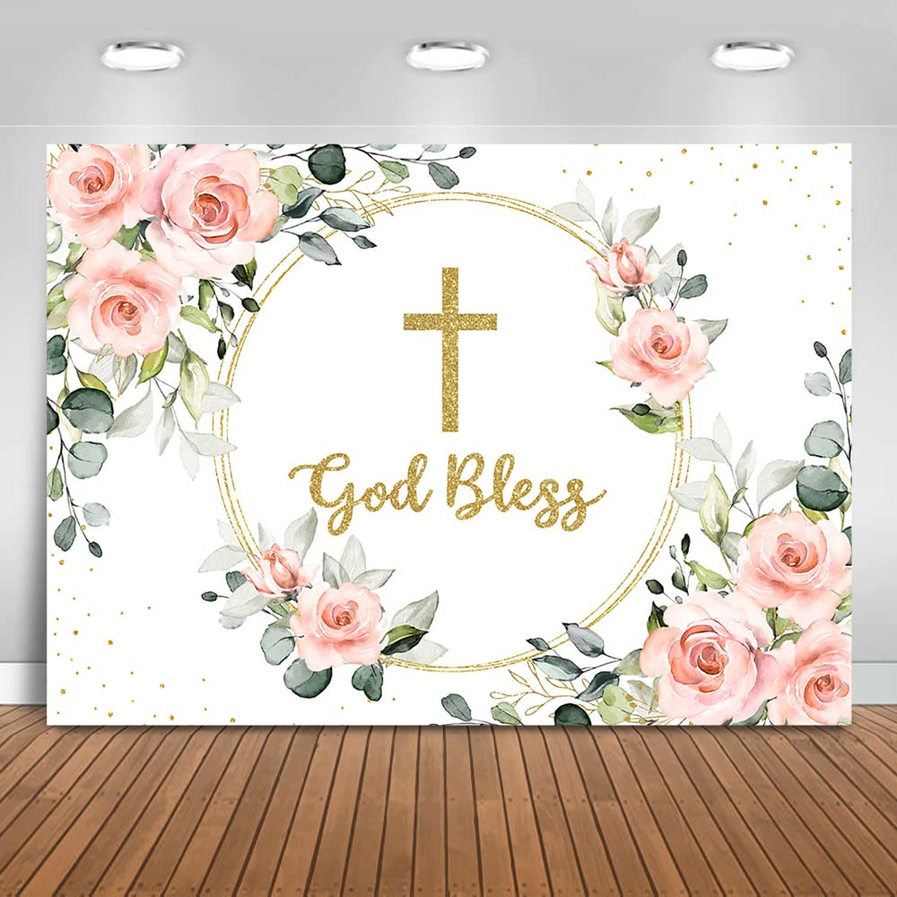 Blush Pink Floral Baptism Backdrop - 7x5ft Pink Roses God Bless Photo Booth Background for First Holy Communion, Christening Party, Cake Table Decor & Baby Shower