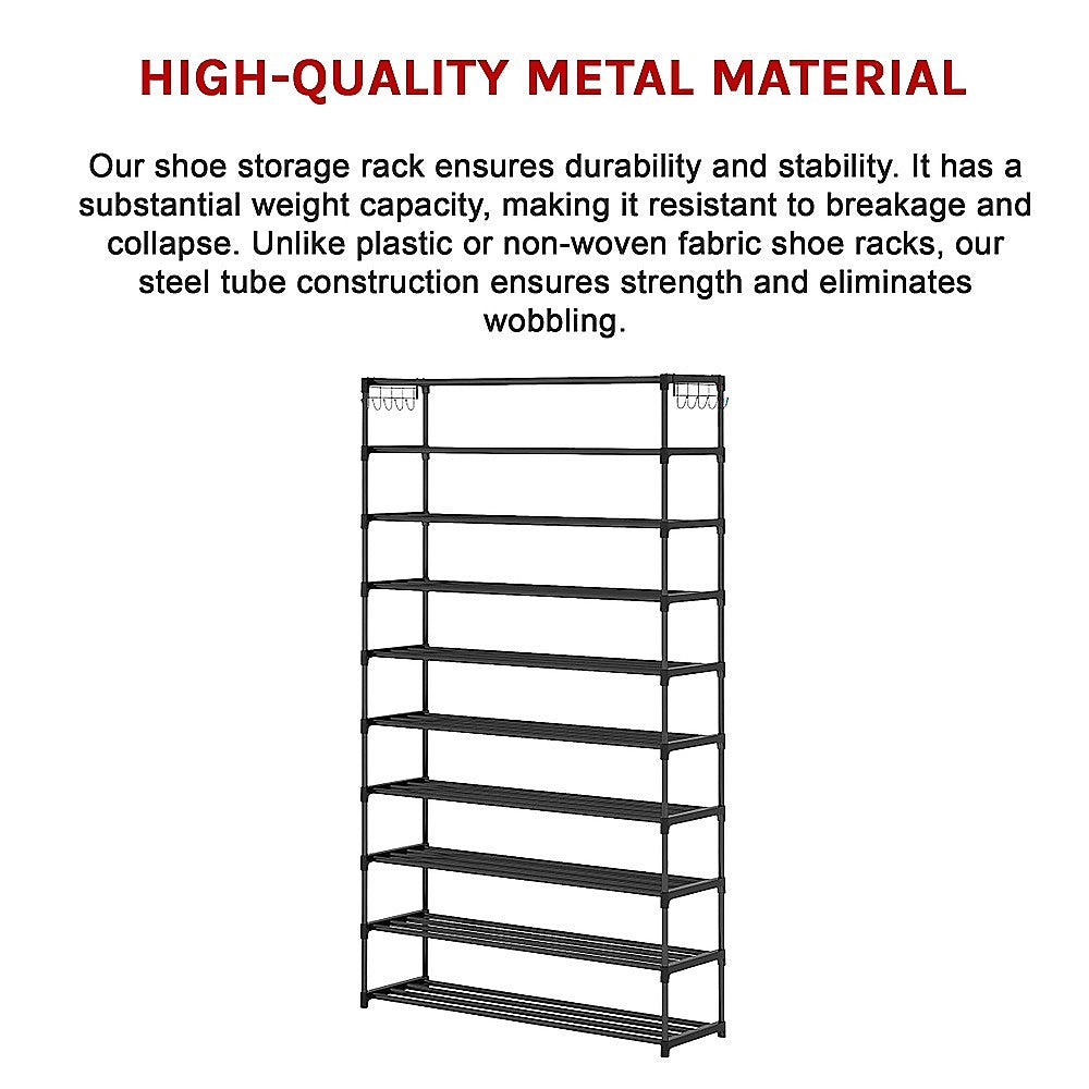 10-Tier Black Metal Shoe Rack Organizer - Large Capacity Storage for 50 Pairs of Shoes - Perfect for Closet, Entryway, and Bedroom Organization