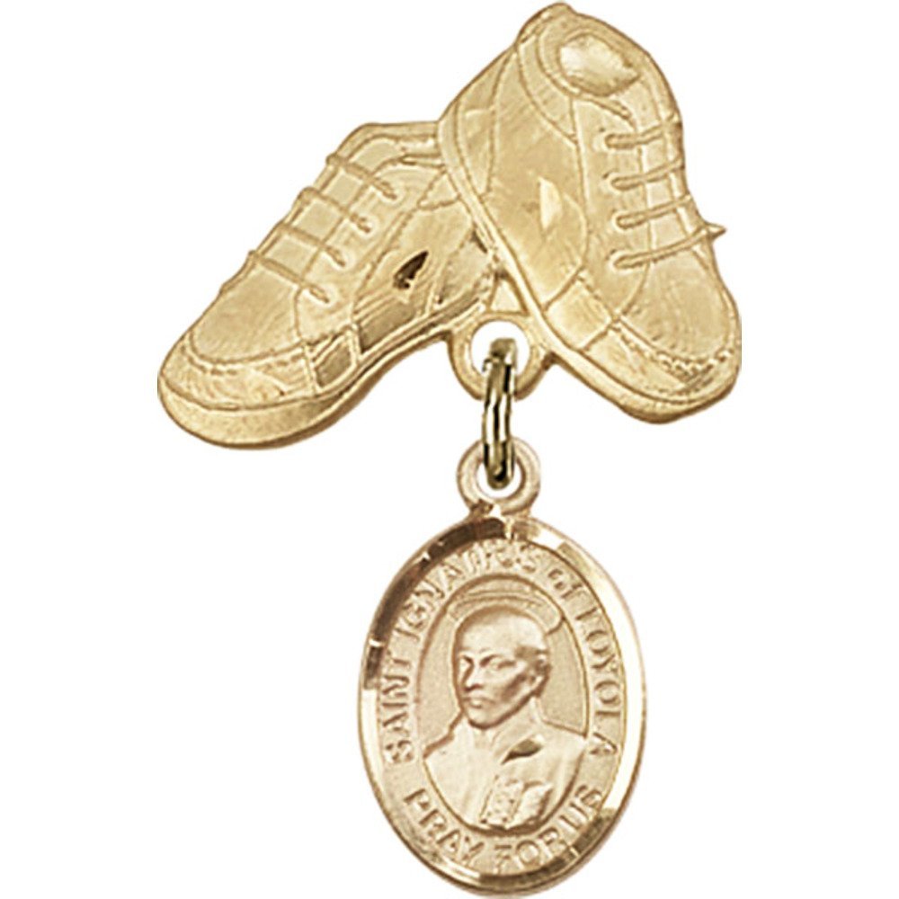 Bonyak Jewelry St. Ignatius Gold Filled Saint Medal Charm with Baby Boots Pin - 1 X 5/8 Inch Religious Pendant for Baptism Gifts, First Communion, and Baby Blessings