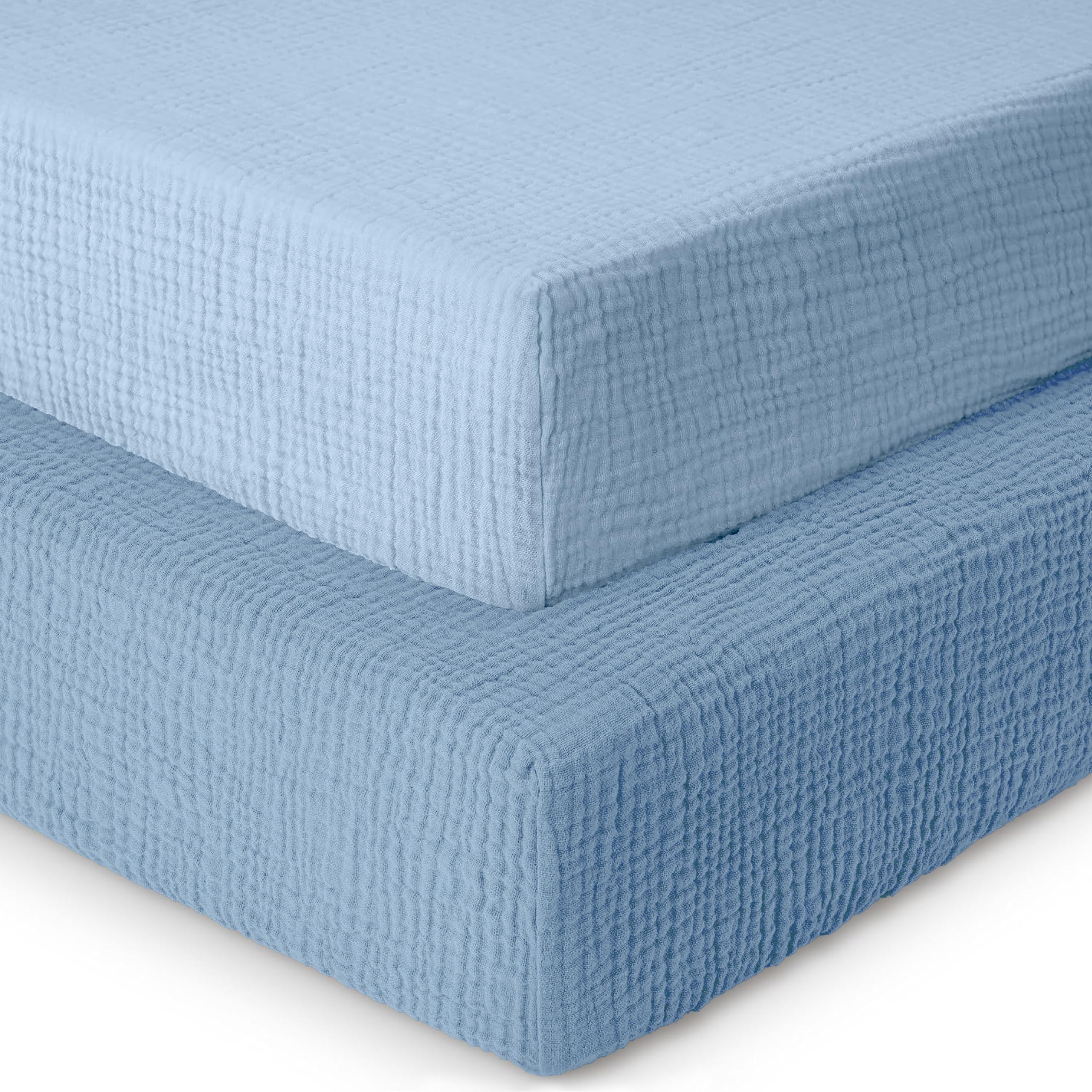 Soft 100% Cotton Muslin Crib Sheets Fitted for Standard Crib Mattress (52x28 Inches) - 2 Pack Baby Crib Sheets for Girls & Boys in Blue & Light Blue | Breathable, Comfortable Nursery Bedding for Newborns & Toddlers | Perfect for Daycare, Home Nursery & Travel Cribs