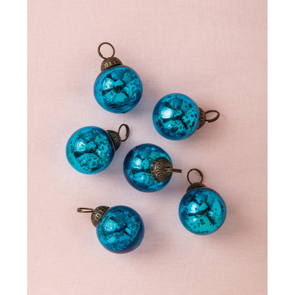 6 Pack Turquoise Blue Ava Mini Mercury Glass Ball Ornaments - Handcrafted Christmas Tree Decorations for Holiday, Party & Home Décor