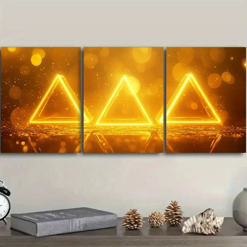 3-Piece Glowing Yellow Triangle Metal Wall Art - Ready to Hang Modern Home Decor for Living Room, Bedroom & Office