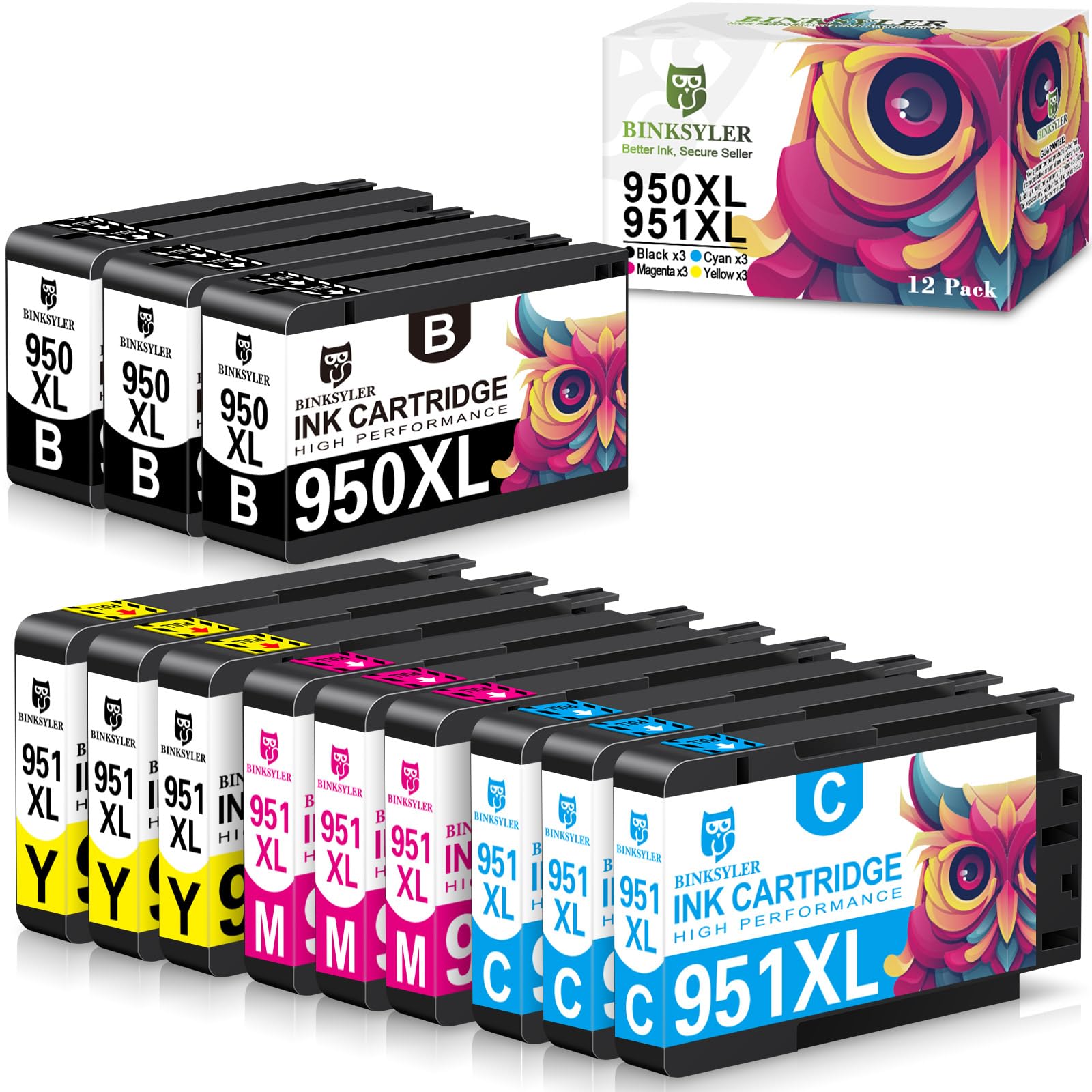 12-Pack 950XL 951XL Ink Cartridges - High Yield Compatible for HP 950 951 950XL 951XL - Works with HP Officejet Pro 8600 8610 8620 8625 8100 Printers (3BK 3C 3M 3Y) - Perfect for Home Office Printing, Business Documents & High Volume Printing Needs