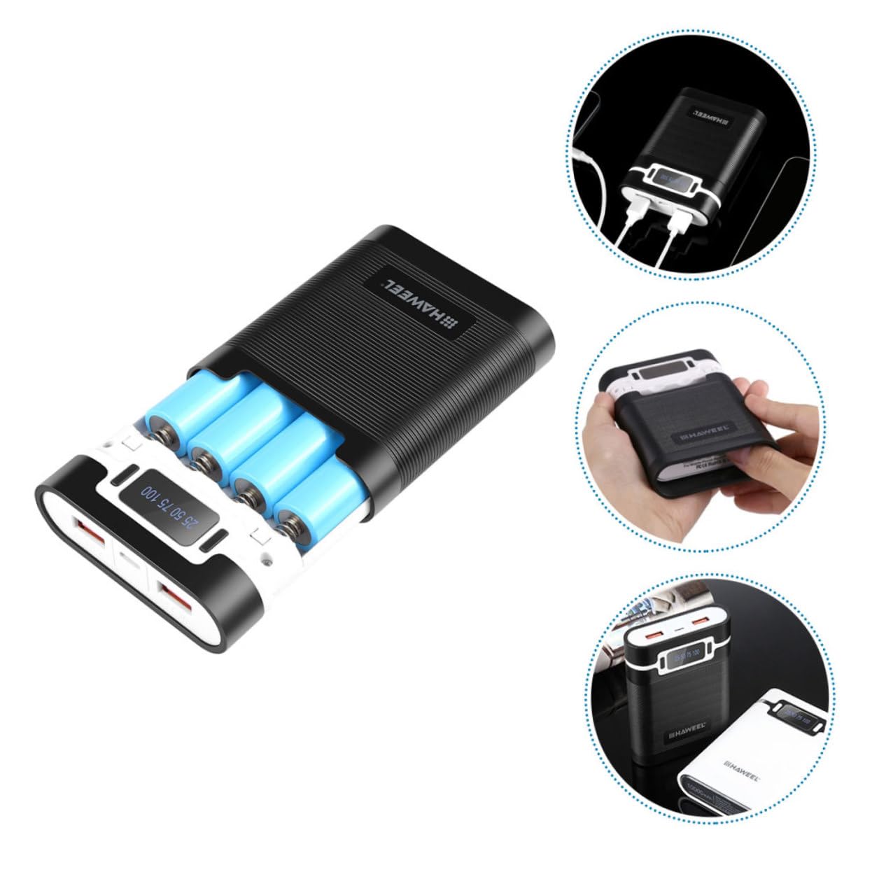 DOITOOL 18650 Battery Case - 4 Slot Portable Power Bank DIY Kit with Rechargeable Battery Charger - Compact Travel Charging Solution for Camping, Hiking & Emergency Power Backup (Black)