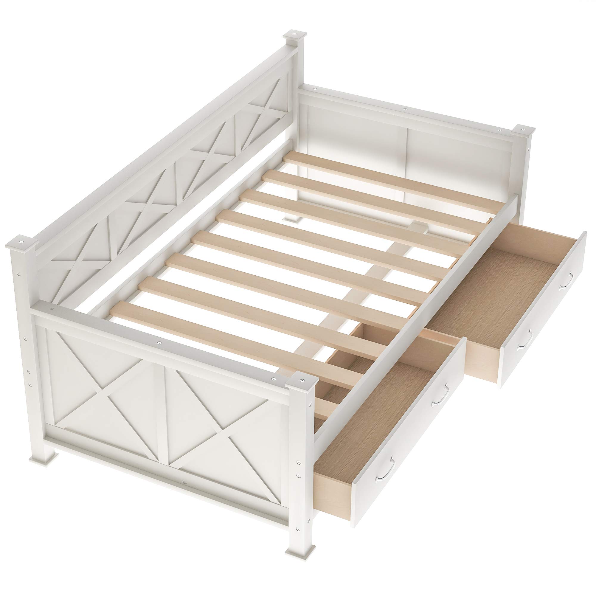 Merax Twin Size Wooden Daybed with 2 Large Drawers - X-Shaped Frame, Modern Rustic Design, Wood Slat Support (No Box Spring Needed) - Easy Assembly White Daybed for Guest Room, Dorm, or Living Room