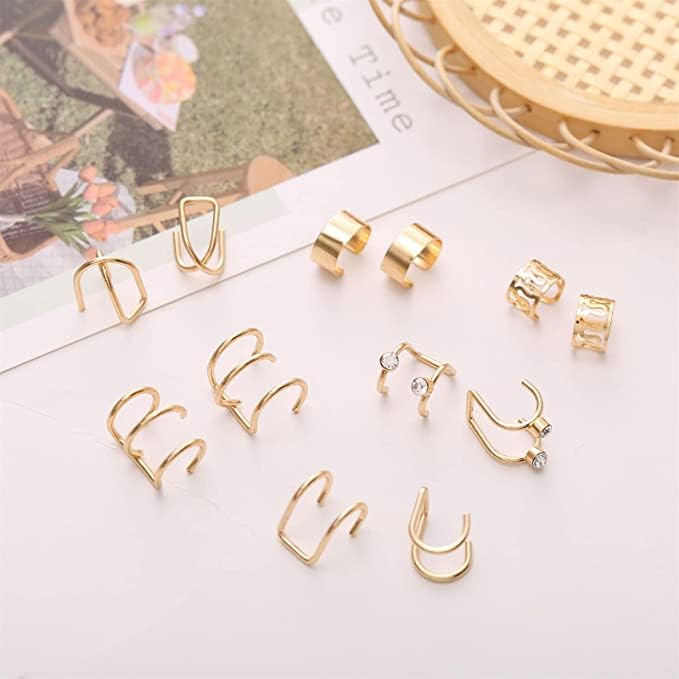 Shining Diva 36-Piece Clip-On Ear Cuff Set - Fashion Punk Earrings for Women & Men (Gold/Silver/Black) - Non-Piercing Cartilage Earrings for Parties, Concerts & Everyday Wear