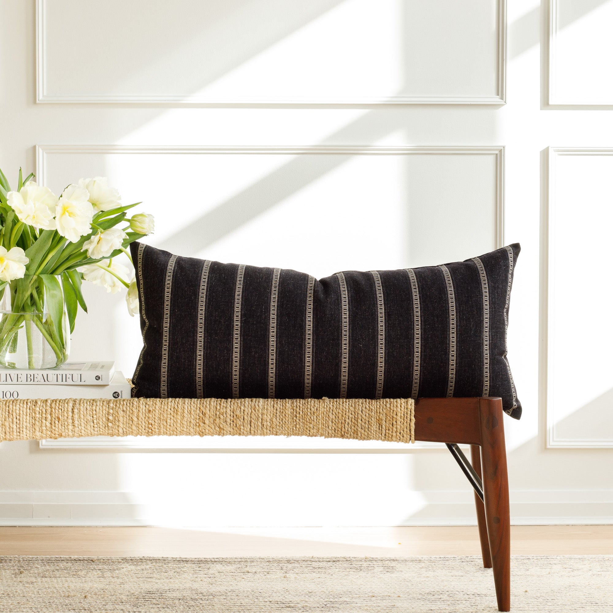 Brunswick Stripe 15x32 XL Lumbar Pillow in Onyx - Perfect for Sofa, Bed & Office Chair Support