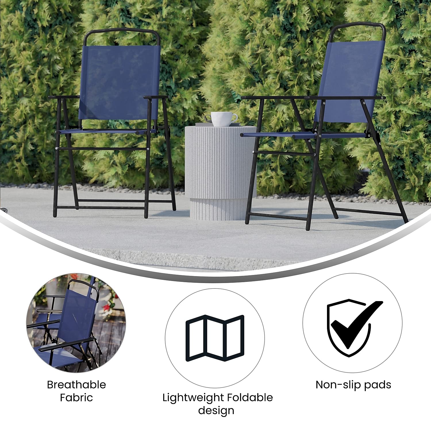 Flash Furniture Mystic Folding Patio Sling Chairs - Set of 4 Navy Textilene Outdoor Lawn Chairs with Armrests | Perfect for Poolside, Backyard, Garden & Patio Relaxation