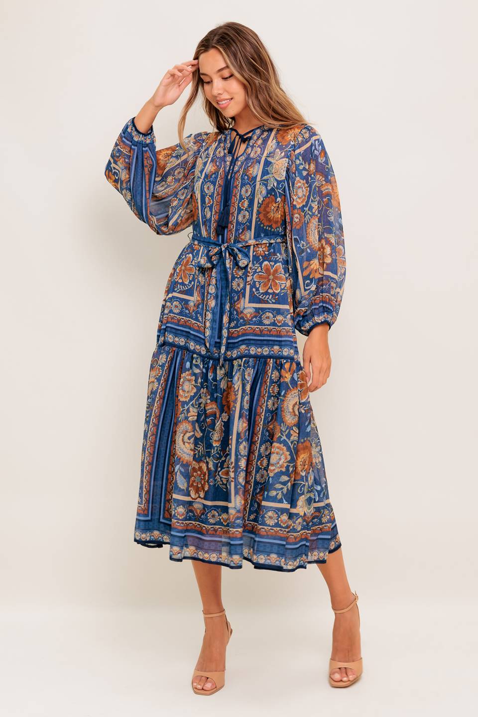 Bohemian Blue Midi Dress with Tapestry Print - Perfect for Beach Vacations, Summer Parties & Boho Fashion