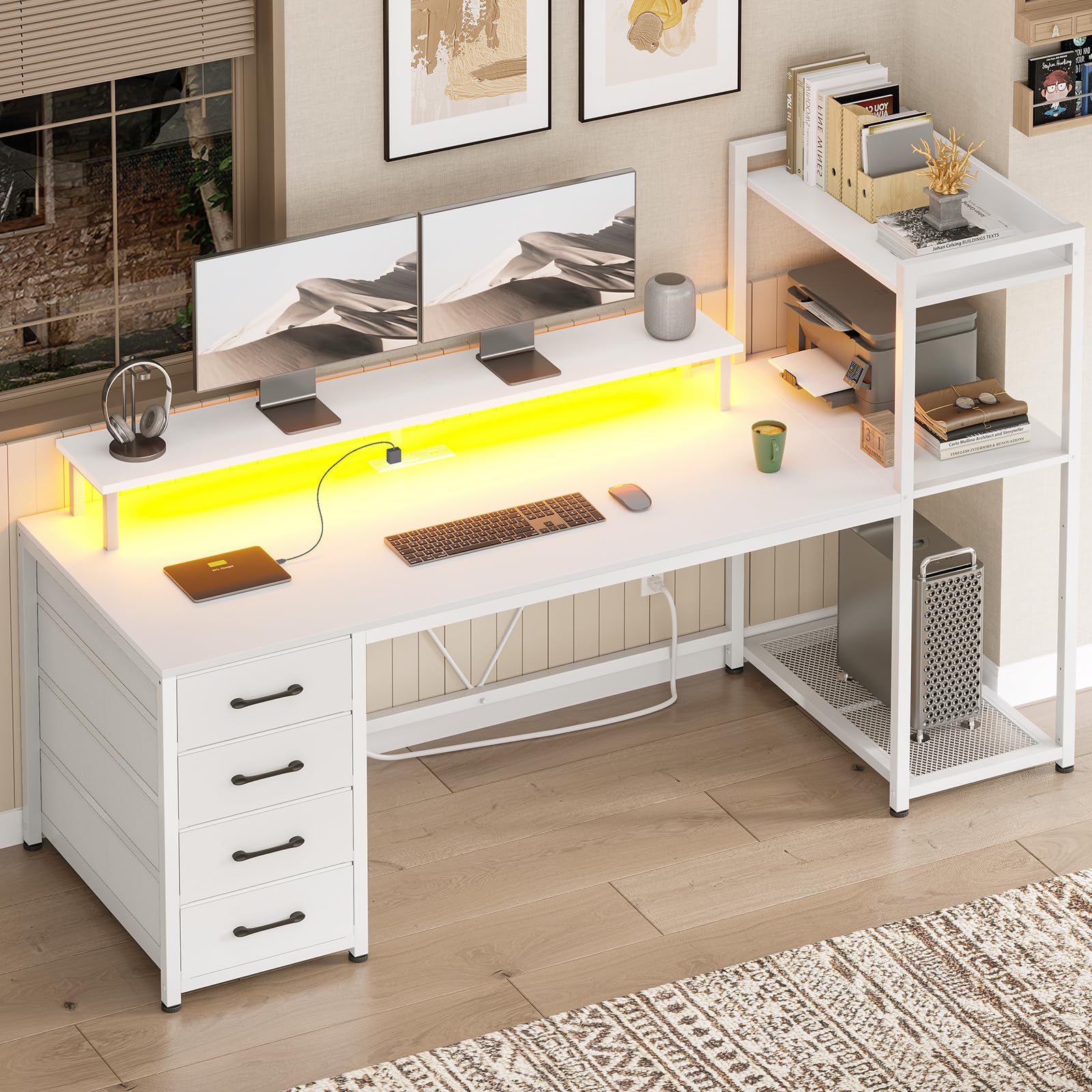 SEDETA 59 Inch LED Gaming Desk with 4 Drawers & Shelves, Home Office Computer Desk with Power Outlets & Large Storage Space, White - Perfect for Work from Home, Online Gaming & Study Setup