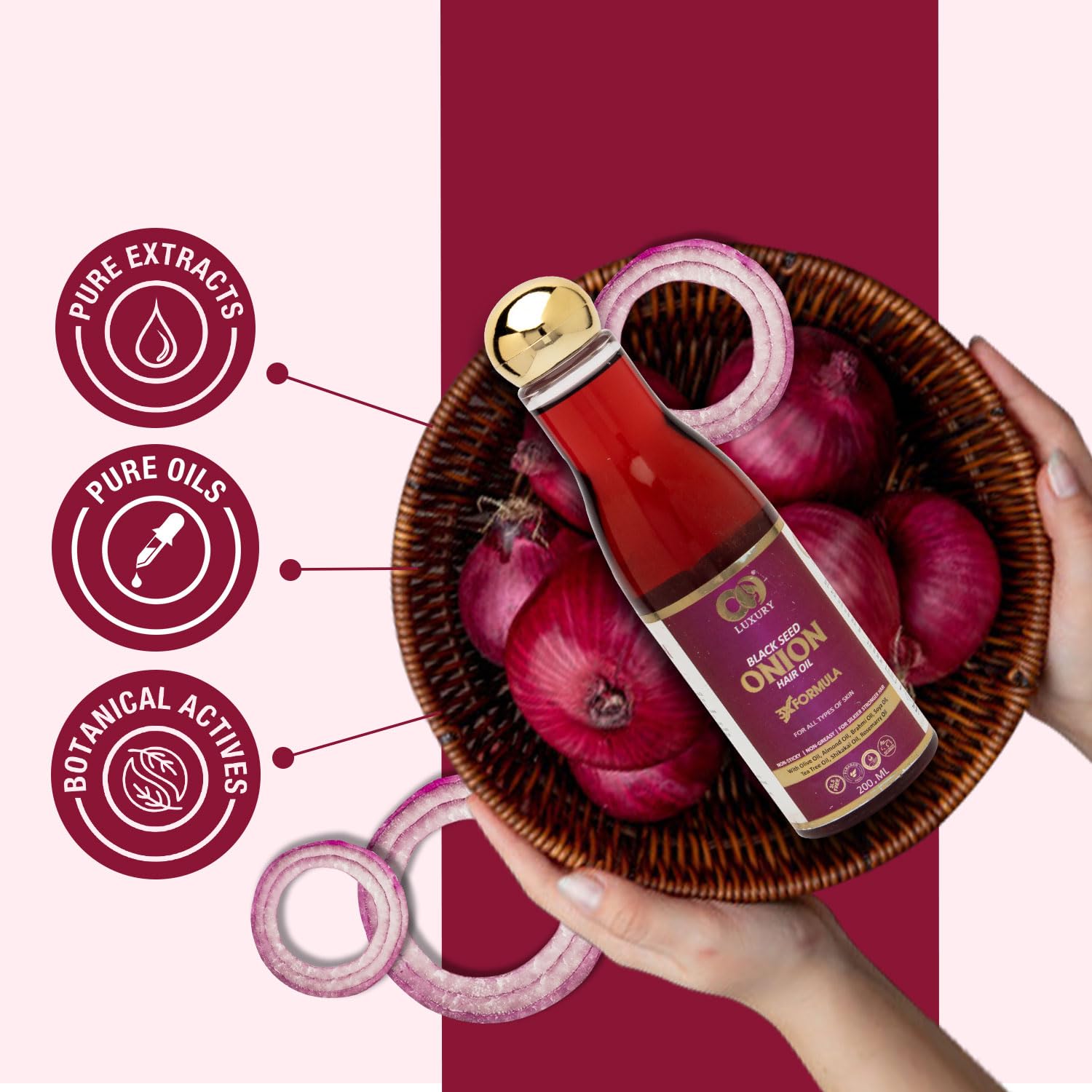 CO LUXURY Onion Hair Oil for Hair Growth & Hair Fall Control - Ayurvedic Oil with 15 Herbs for Stronger, Longer Hair | Chemical-Free, Non-Sticky Formula (200ml) | Perfect for Daily Hair Care & Scalp Massage