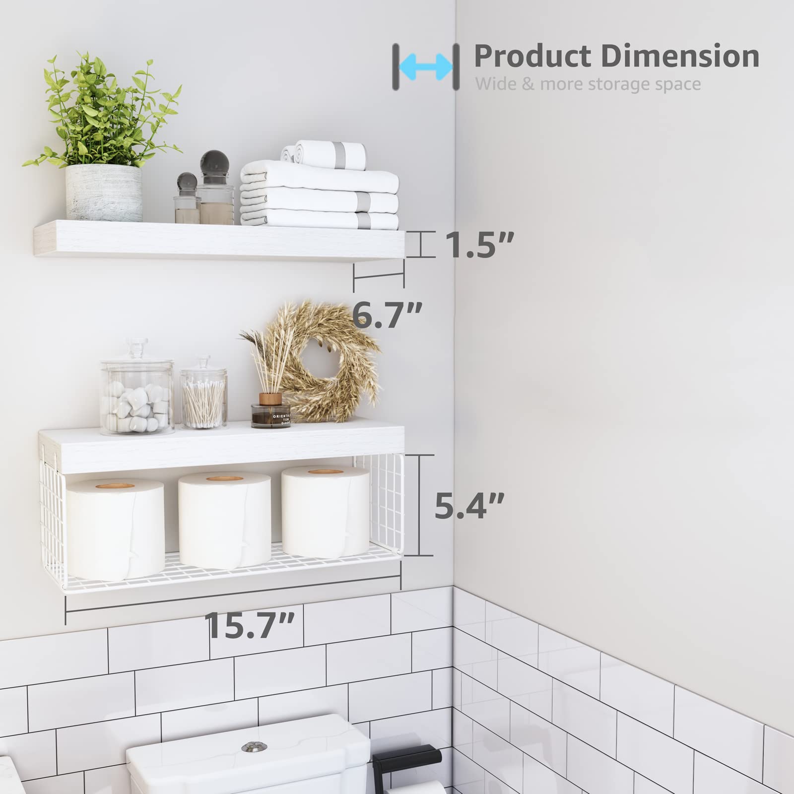 White Floating Bathroom Shelves Over Toilet - 16 Inch Wall Mounted Farmhouse Shelves Set of 2 with Toilet Paper Storage - Perfect for Small Bathrooms, Powder Rooms & Farmhouse Style Decor