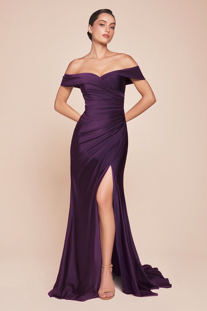 Freya Off Shoulder Stretch Spandex Dress - Elegant Eggplant Purple Gown for Evening Parties, Prom, and Special Occasions