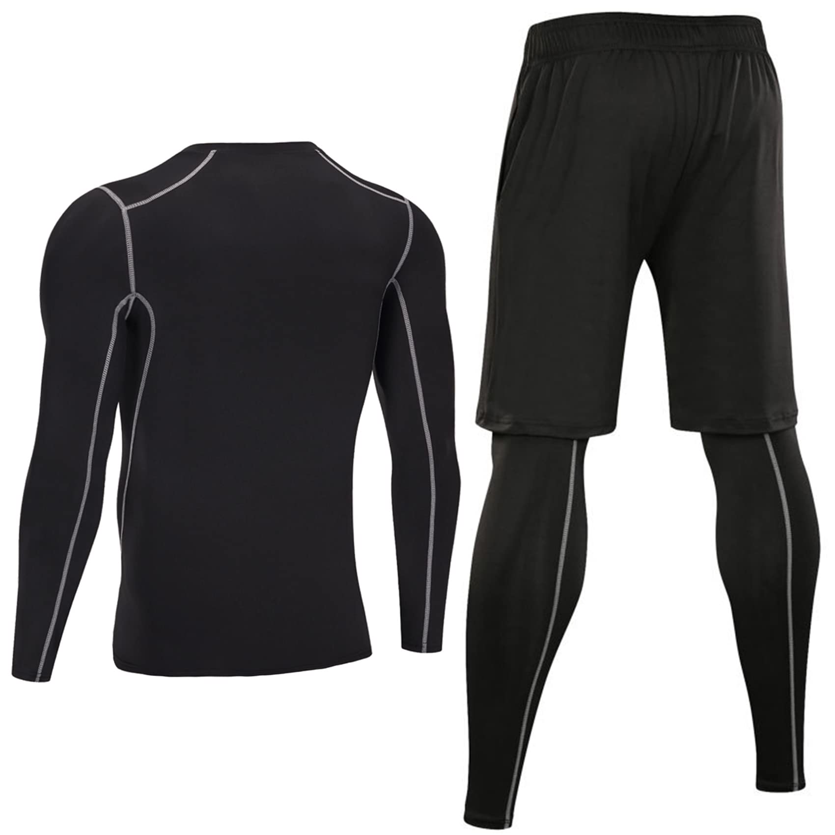 Terecey 3-Piece Men's Compression Running Set - Long Sleeve Top, Breathable Leggings & Workout Shorts with Pockets | Moisture-Wicking Athletic Wear for Running, Gym Training & Fitness (Sizes S-XXL) | Perfect for Marathon Training, CrossFit & Outdoor Sports Activities