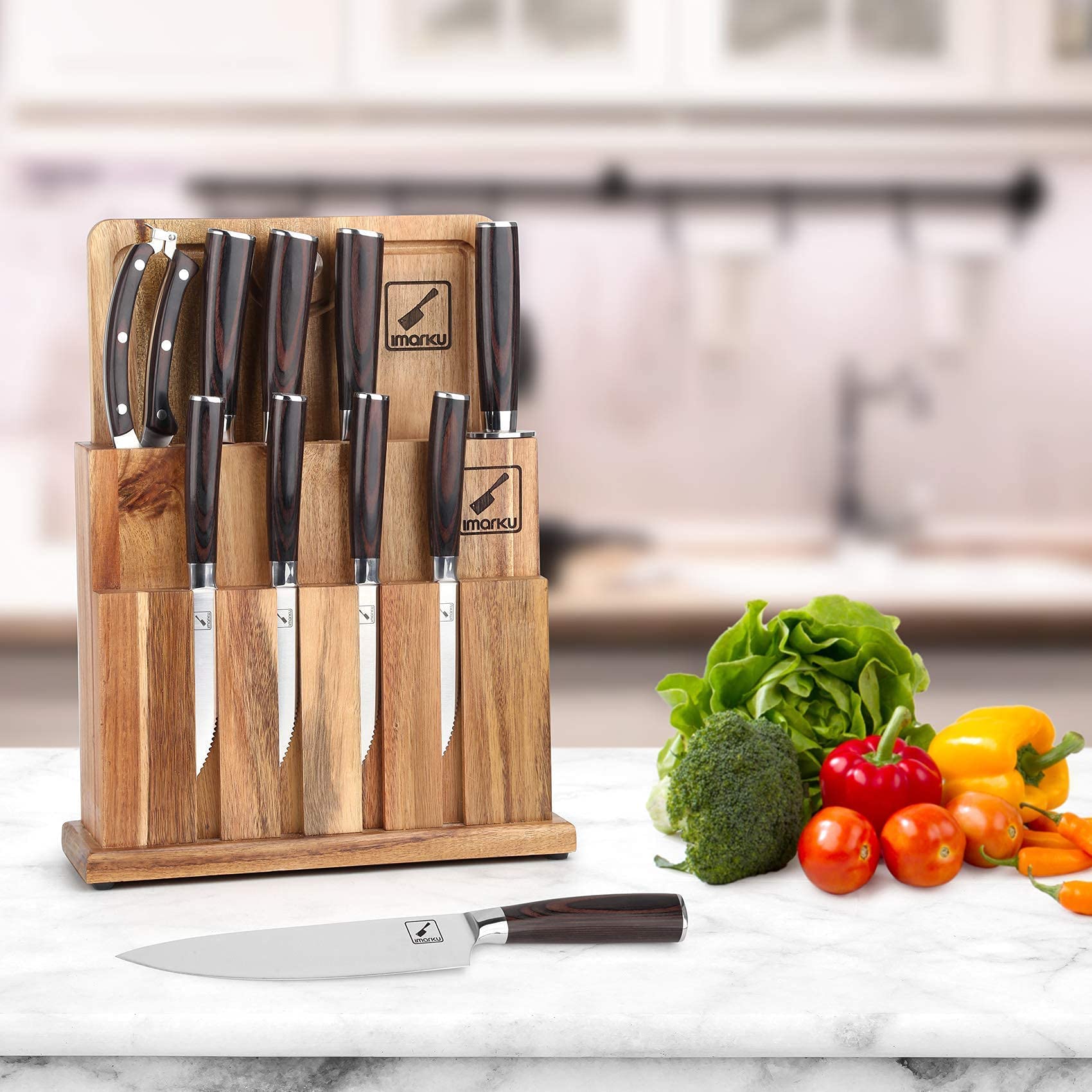 IMARKU 11-Piece Professional Japanese Kitchen Knife Set with Wooden Block - Stainless Steel Chef Knives, Cutting Board & Knife Sharpener Included - Perfect Gift for Home Cooks & Culinary Enthusiasts (Great for Sushi Making, Meat Cutting & Vegetable Prep)