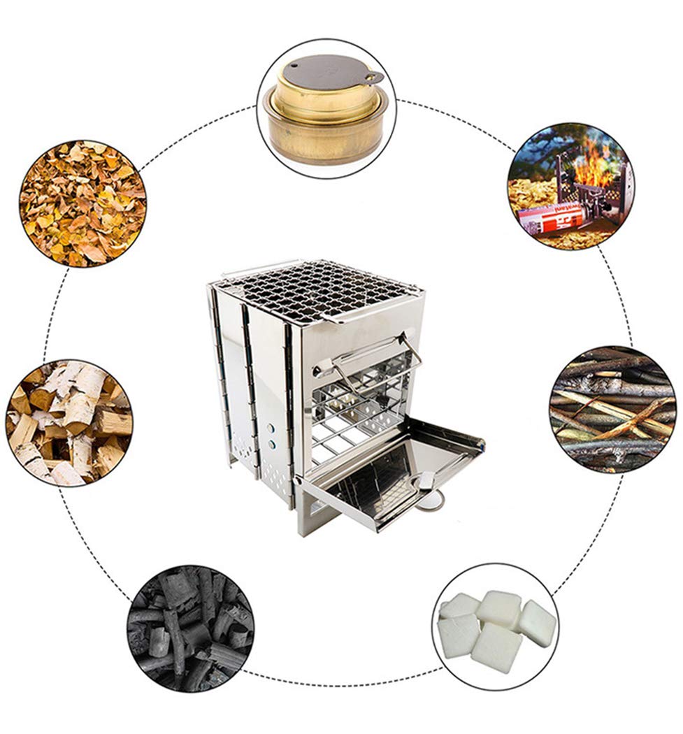 Portable Camping Wood Stove with Grill - Collapsible Stainless Steel Backpacking Burner, Lightweight Firebox with Handles for Outdoor Cooking | Perfect for Hiking, Hunting, Fishing & Survival Gear