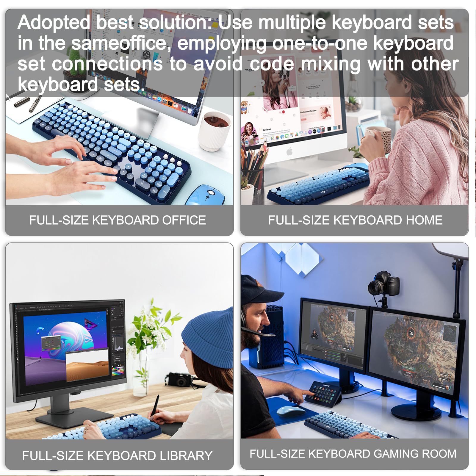 FOPETT 2.4G Wireless Keyboard Mouse Combo - 104 Round Key Retro Typewriter for PC/Laptop - Blue Gradient for Office/Home Use