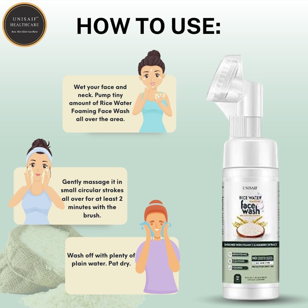Unisaif Rice Water Foaming Face Wash & Cleansing Brush Set - 150ml for Oily, Dry Skin, Acne, Anti-Aging & Pigmentation | Gentle Exfoliating Facial Cleanser with Rice Extract | Perfect for Daily Skincare Routine & Travel