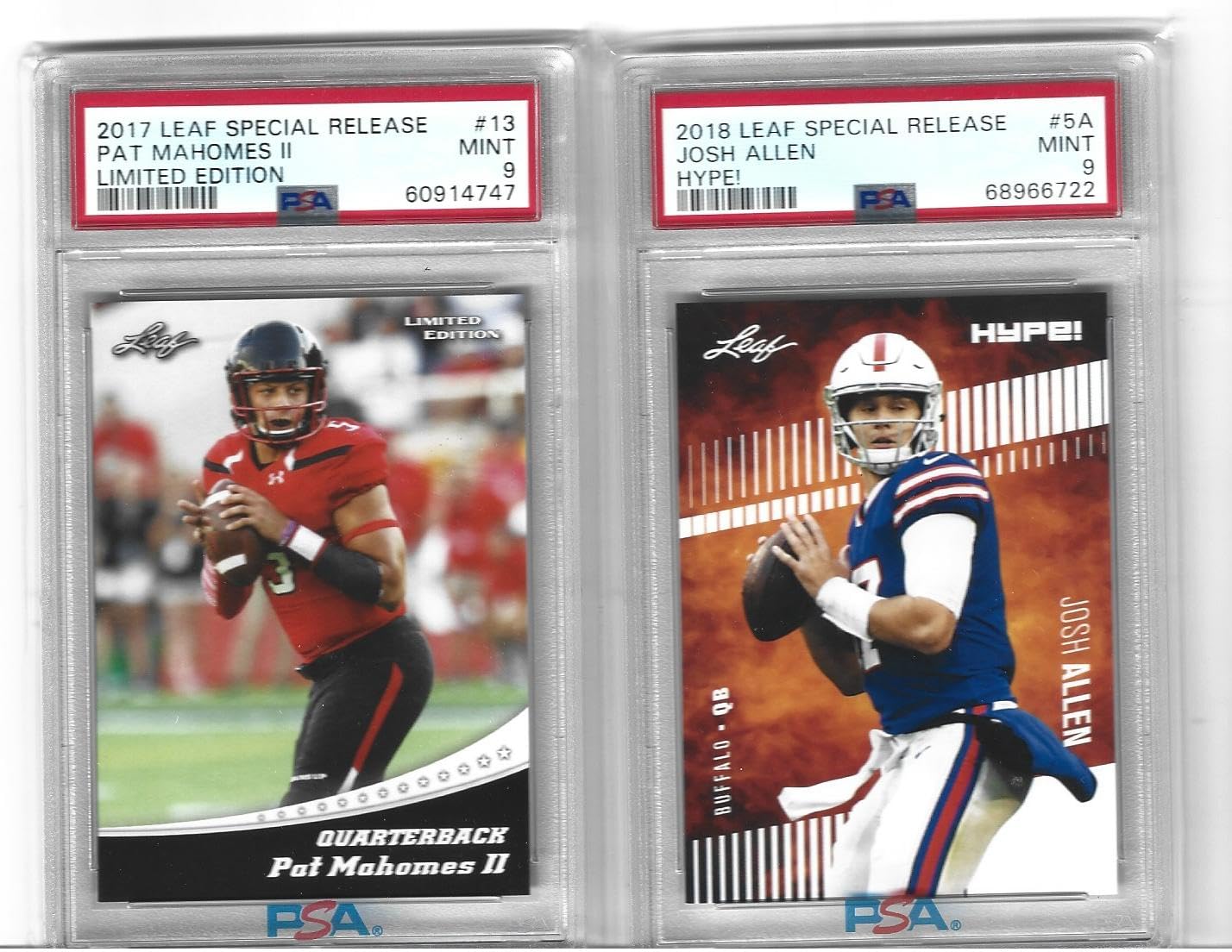 PSA Mint 9 Graded Patrick Mahomes & Josh Allen Leaf Rookie Football Cards Lot - Chiefs vs Bills Superstar Quarterbacks - Perfect for NFL Collectors, Sports Memorabilia Displays & Investment Collections