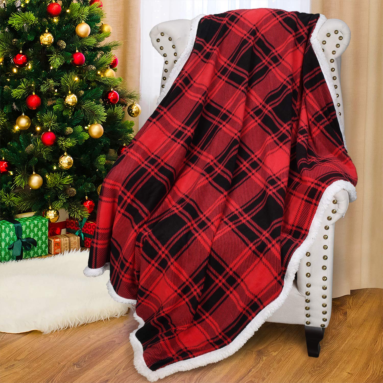 Catalonia Red Plaid Sherpa Throw Blanket - Ultra Soft & Warm Buffalo Check Fleece Blanket for Christmas, Winter, Couch & Cabin Decor - Cozy Home, Office & Travel Companion