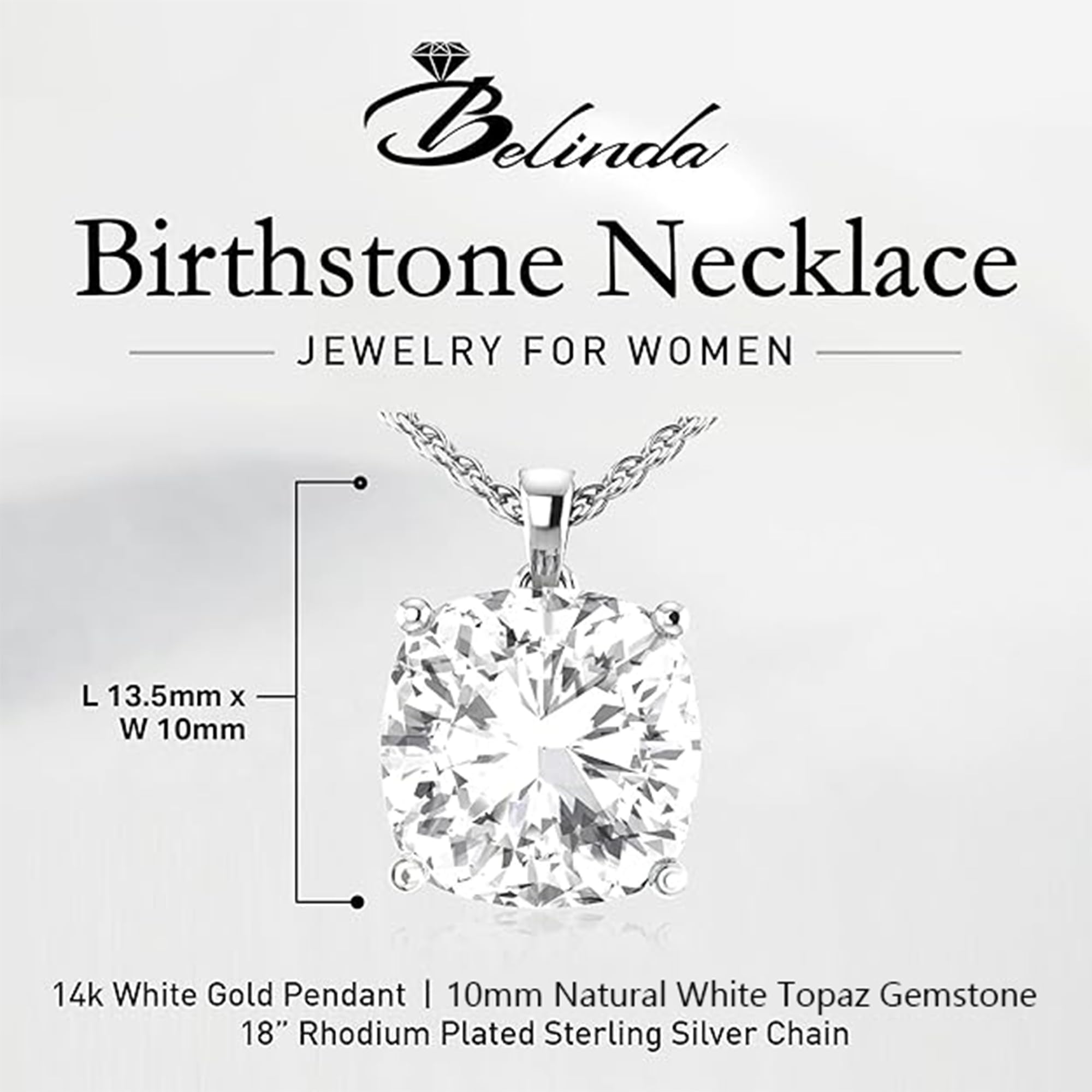 14K White & Yellow Gold Birthstone Pendant Necklace for Women - Sparkling Cushion Cut Gemstone on Sterling Silver Chain - Elegant Fine Jewelry Gift for Birthday, Anniversary & Special Occasions