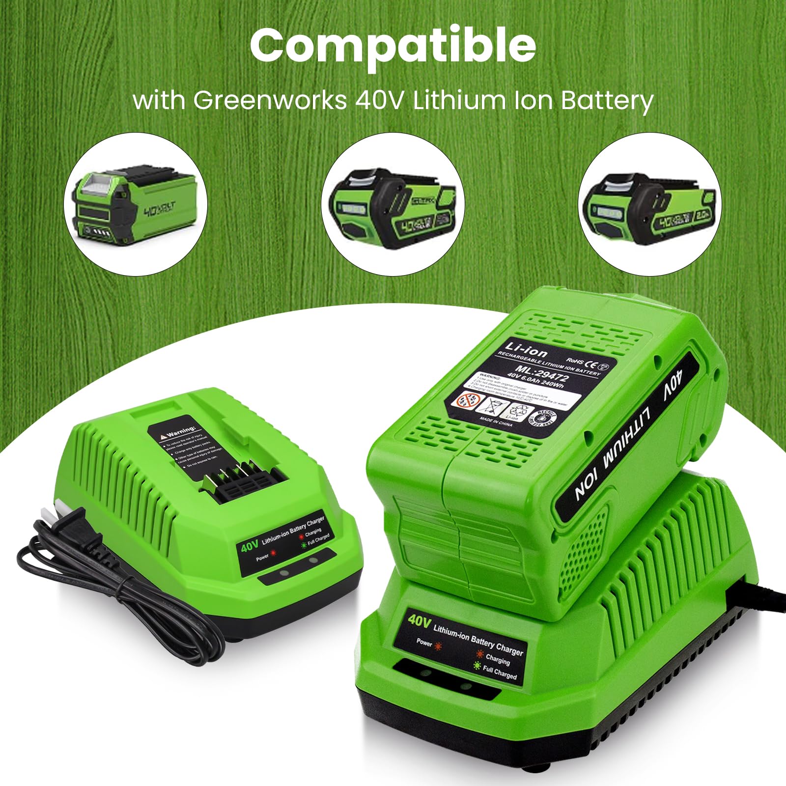 6.0Ah 40V Lithium-Ion Battery & Charger Replacement for Greenworks 29462 29472 29482 - Compatible with Greenworks 40V Tools - Perfect for Lawn Mowers, String Trimmers & Outdoor Power Equipment (Green)