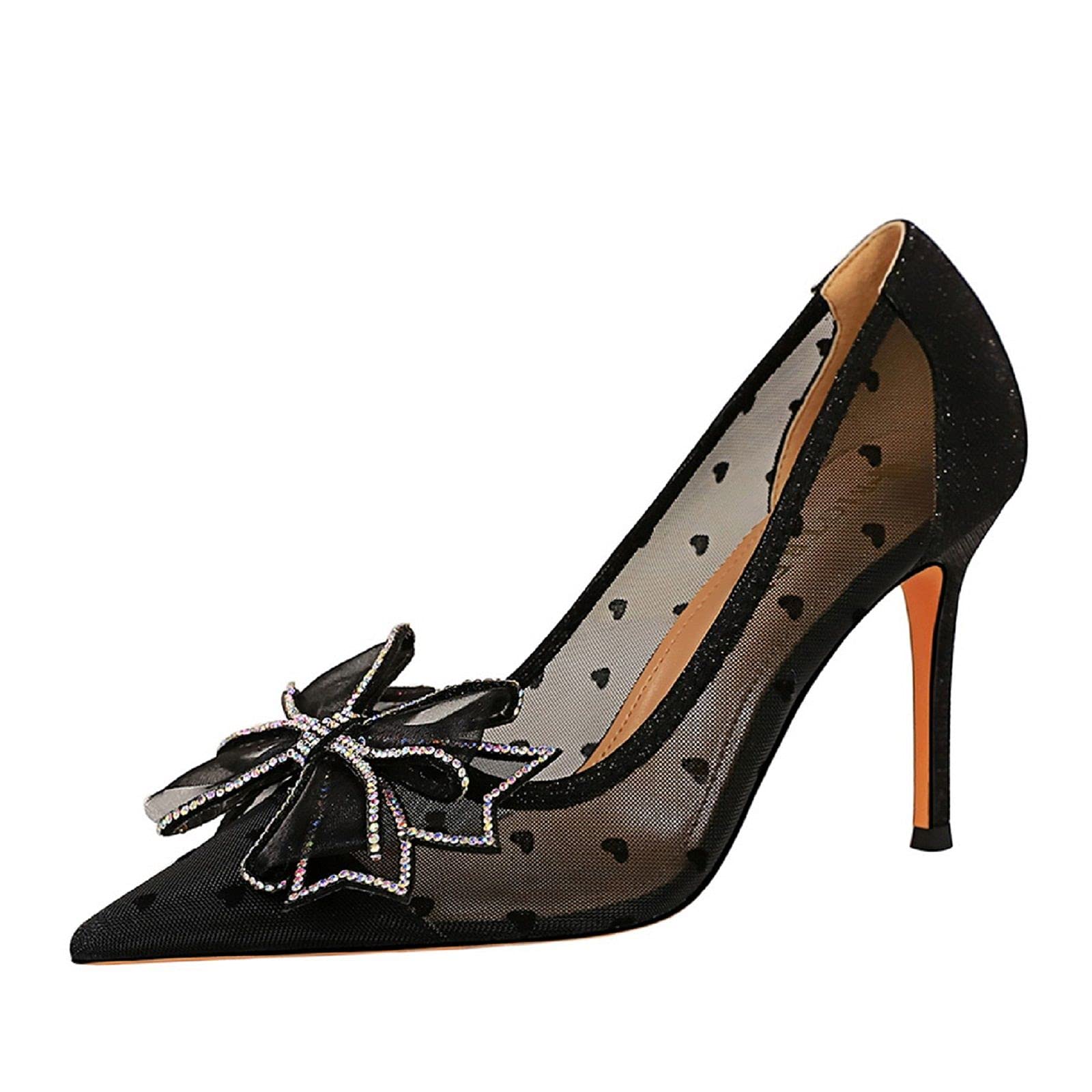 THESHY Women's Pointed Toe Stiletto Heels - Sexy Rhinestone Bow Mesh Pumps for Party, Wedding & Evening Dress Shoes