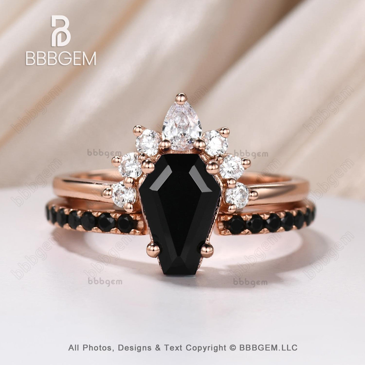 10K Rose Gold Black Onyx Coffin Cut Statement Ring Set for Women - Gothic Natural Onyx Spinel Engagement Ring - Perfect for Weddings, Parties & Gothic Fashion Accessories