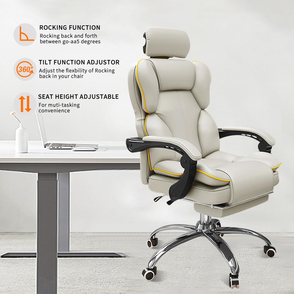 Ergonomic Office Chair with High Back Cushion & Lumbar Support - Adjustable PU Leather Computer Desk Chair with Footrest for Home Office, Gaming & Workstation - Grey (Perfect for Long Work Hours & Comfortable Gaming Sessions)