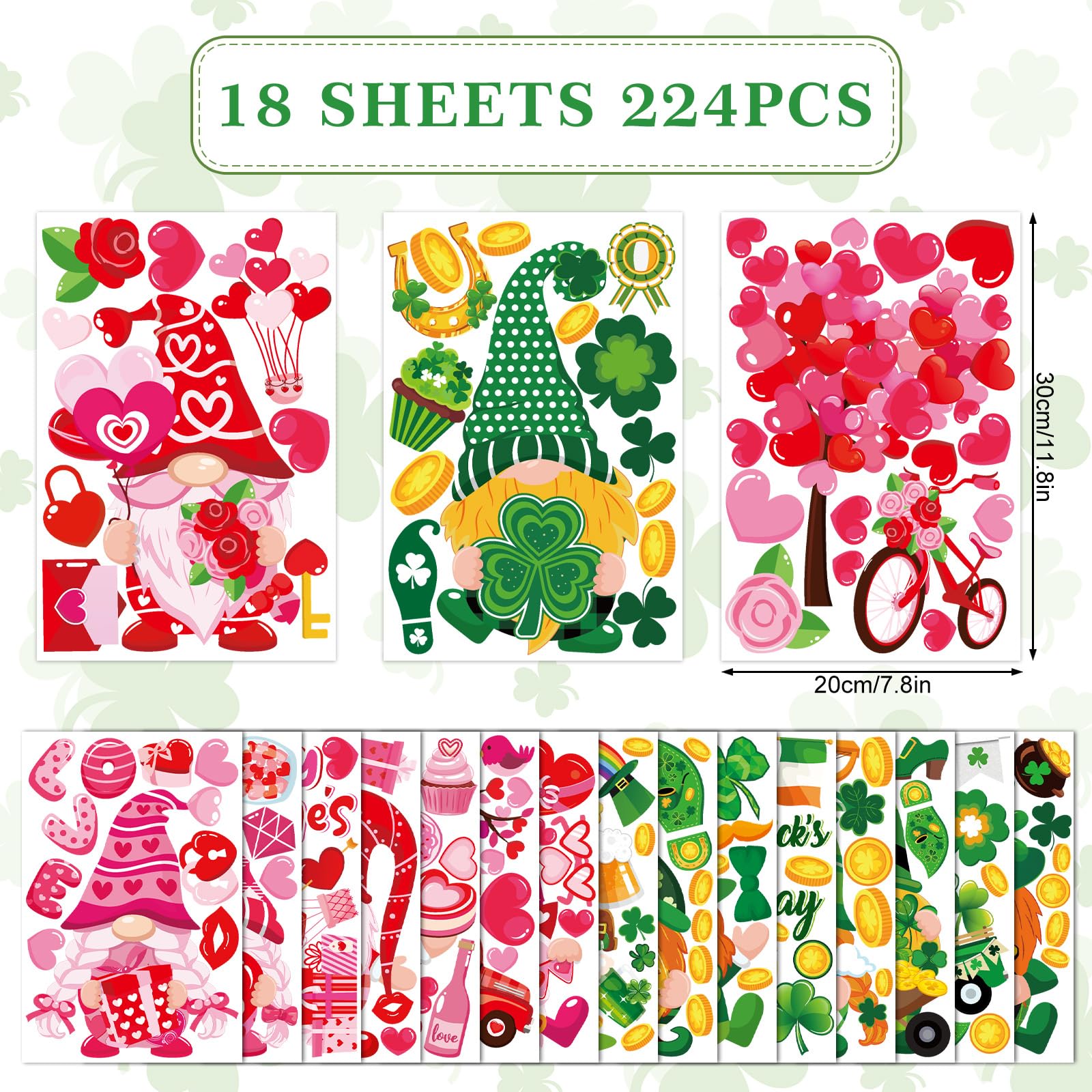 Whaline 18 Sheets St. Patrick's Day Window Clings - Valentine's Day Heart Tree & Cute Gnome Shamrock Decals - Green & Pink Window Decor for Home, School, Office - Party Supplies & Holiday Decorations (Perfect for St. Patrick's Parties, Classroom Activities & Festive Home Decor)