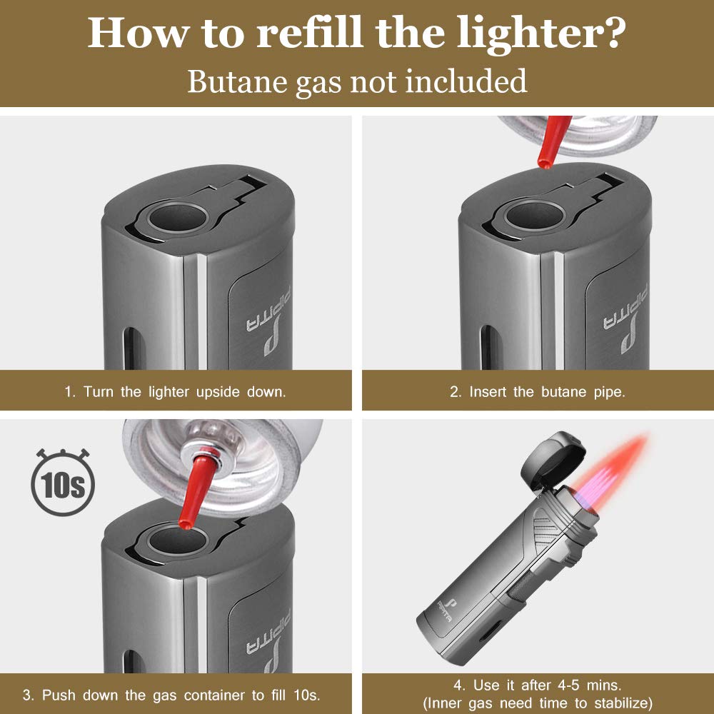 PIPITA Windproof Jet Quad Flame Torch Lighter for Cigars & Cigarettes - Refillable Butane Lighter with Punch Tool for Outdoor Use