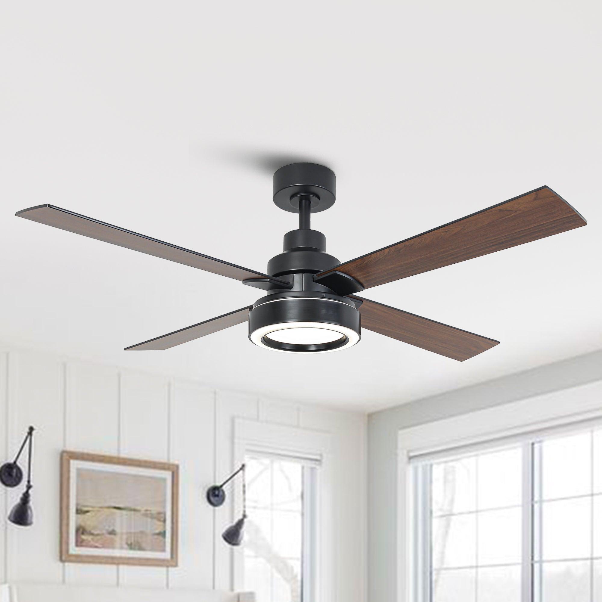 52 Inch Modern Ceiling Fan with LED Light & Remote Control - 4 Blades, DC Motor, Downrod Mount - Perfect for Living Room, Bedroom, and Office Spaces
