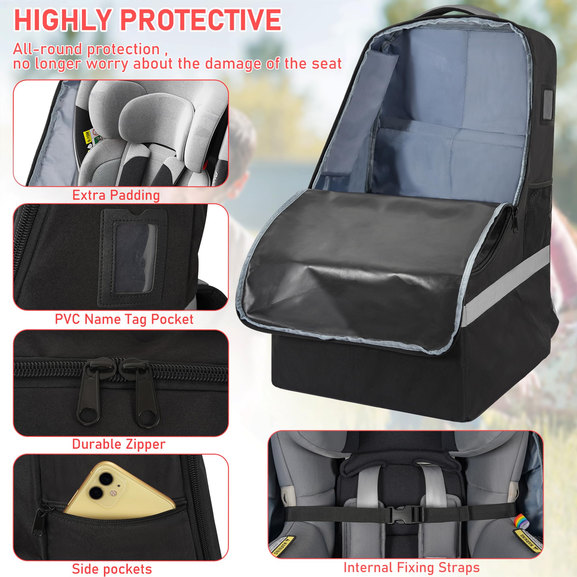 Heavy Duty Car Seat Travel Bag for Airplane - Waterproof Gate Check Car Seat Backpack with Adjustable Shoulder Strap | Perfect for Air Travel, Road Trips & Baby Gear Storage